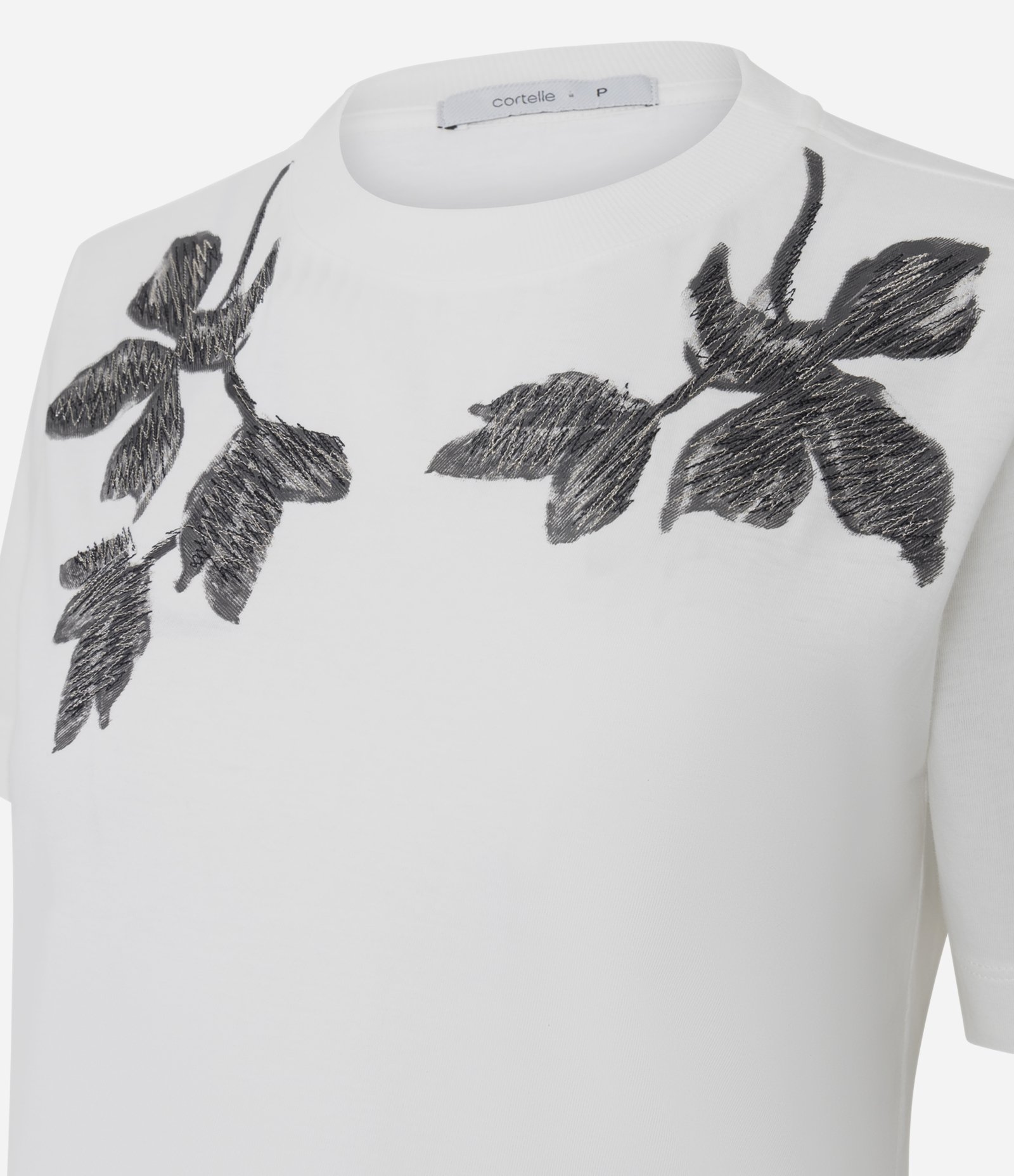 Camiseta em Algodão com Bordado Floral nos Ombros Branco 6