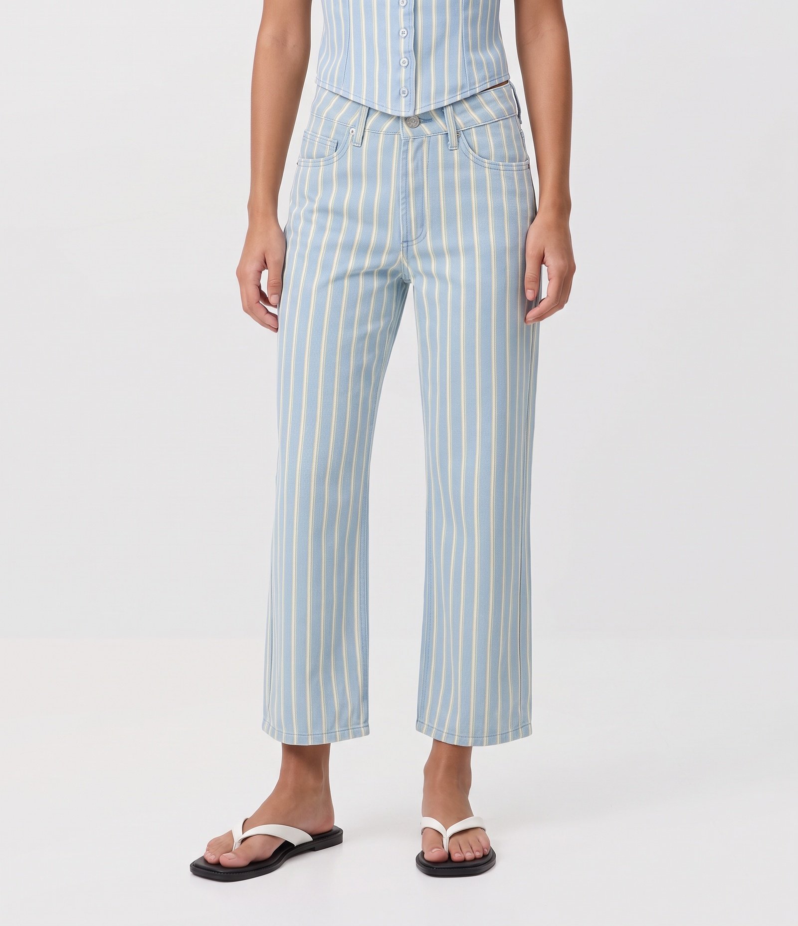 Calça Reta Cropped em Sarja com Estampa Listrada Azul 2