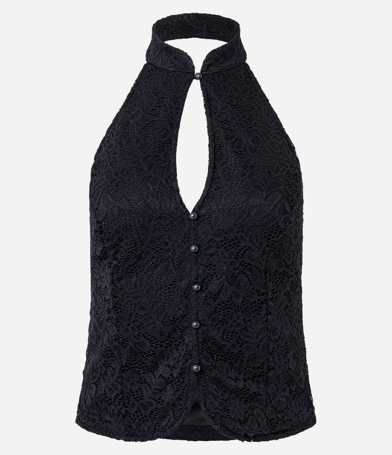 Blusa em Renda com Gola Alta Halter e Recorte Vazado Preto 6