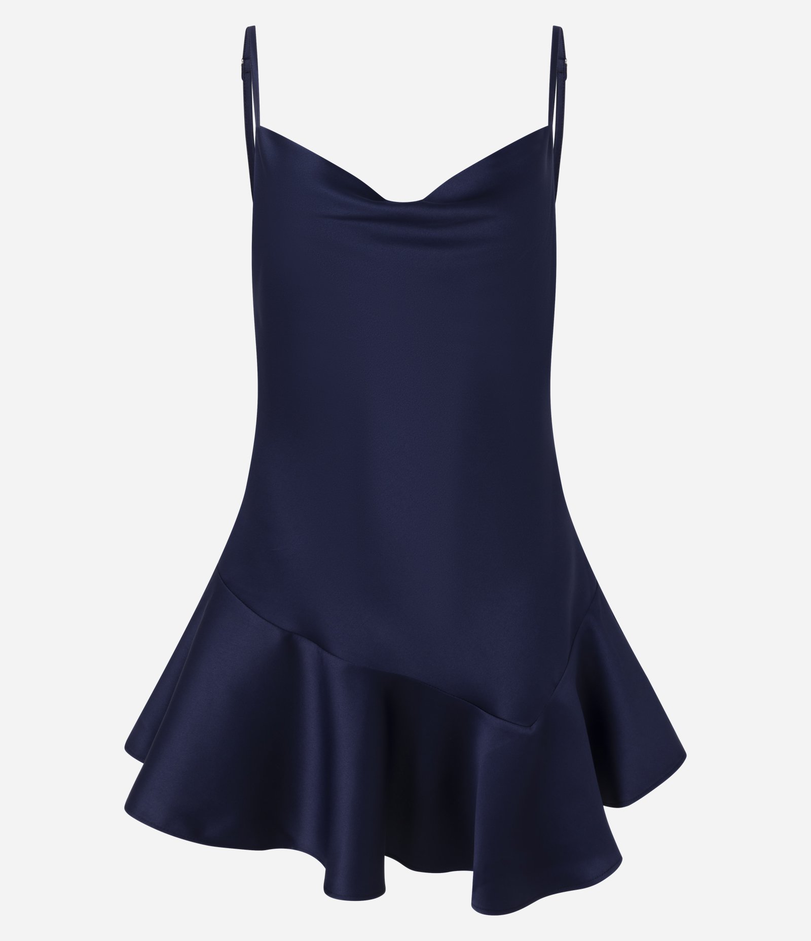 Vestido Curto Acetinado com Decote Degagê e Saia Assimétrica Azul Escuro 1
