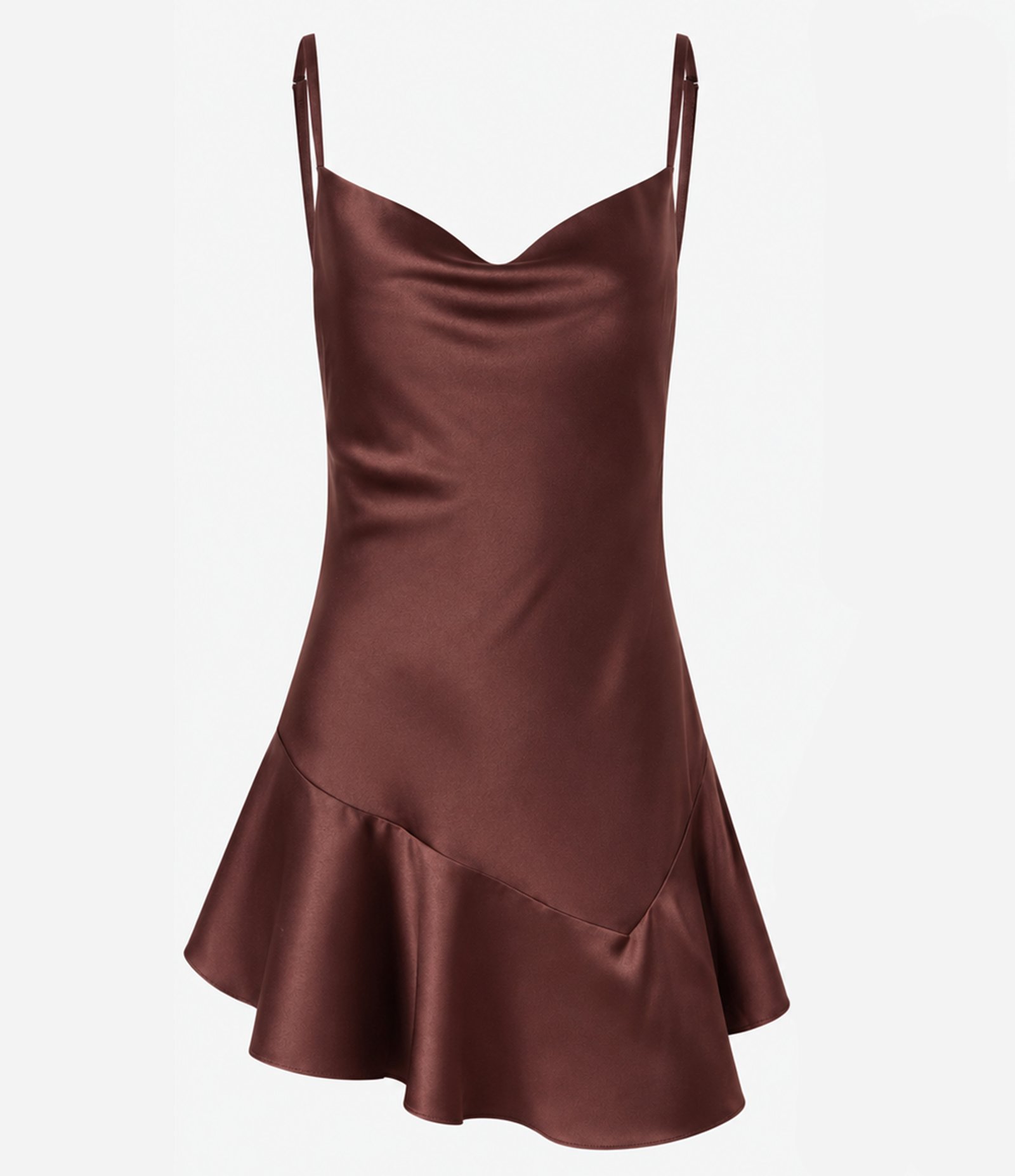 Vestido Curto Acetinado com Decote Degagê e Saia Assimétrica Marrom 5