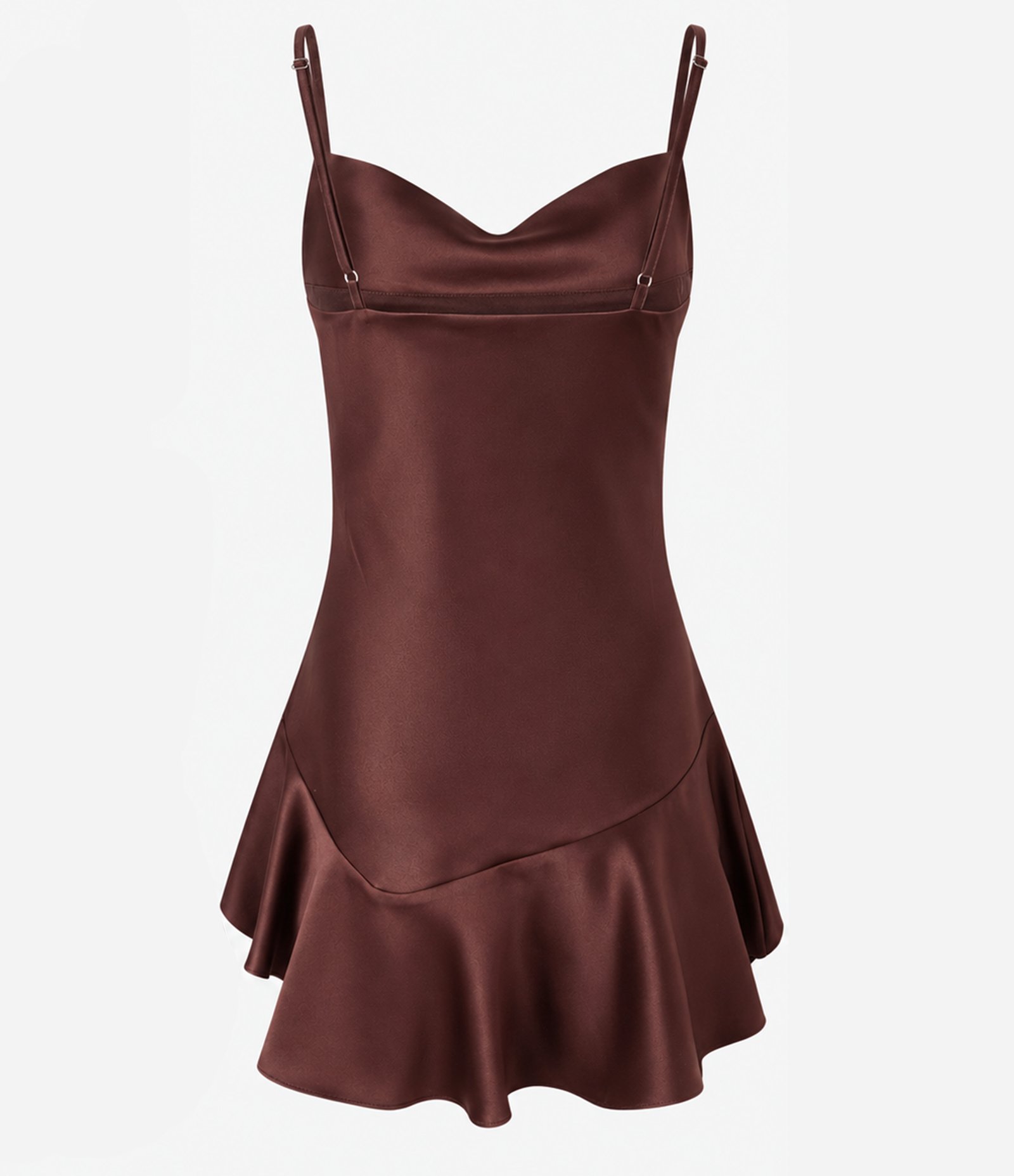 Vestido Curto Acetinado com Decote Degagê e Saia Assimétrica Marrom 6