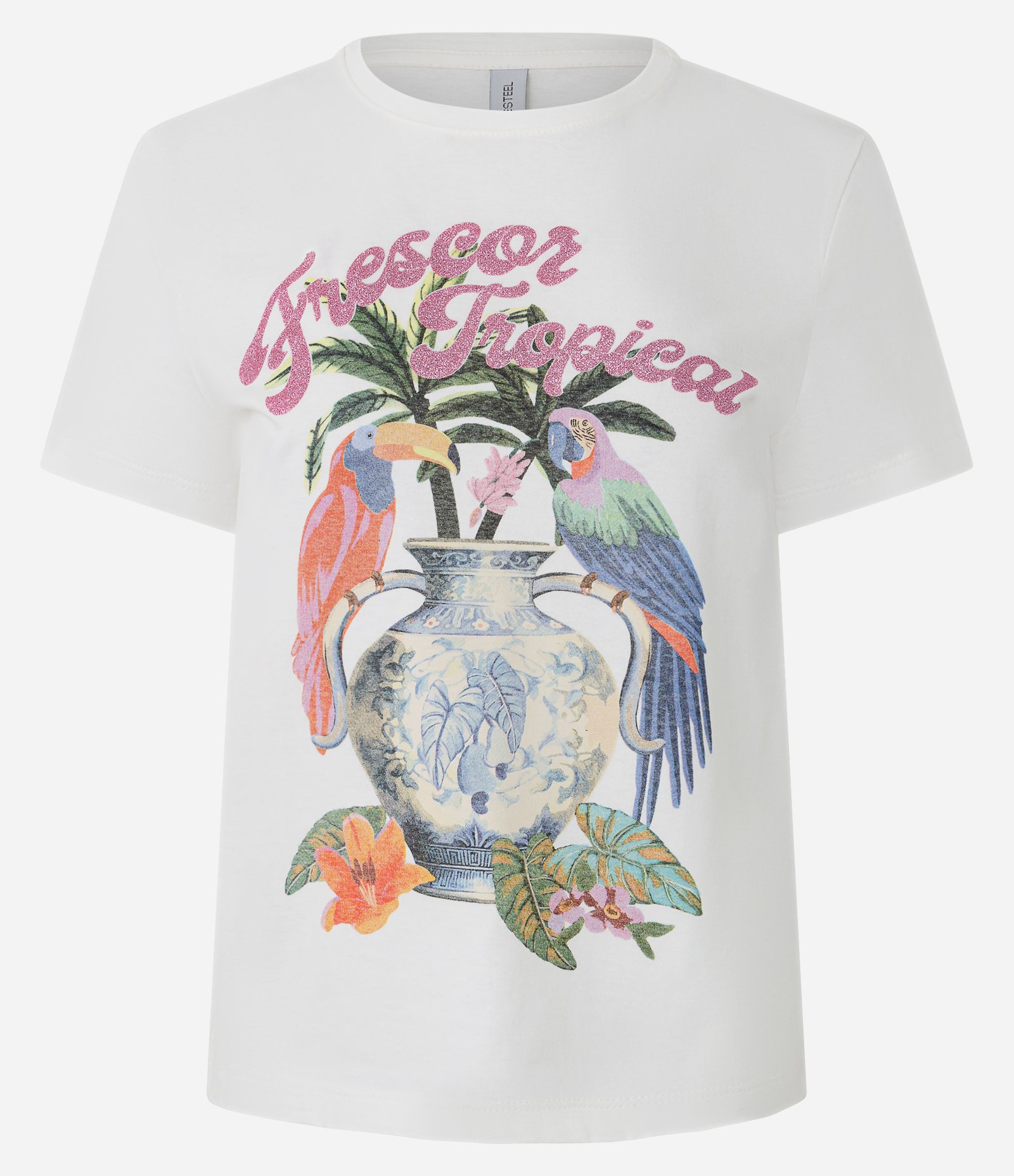 Camiseta em Algodão com Estampa de Araras e Lettering Frescor Tropical Preto 1