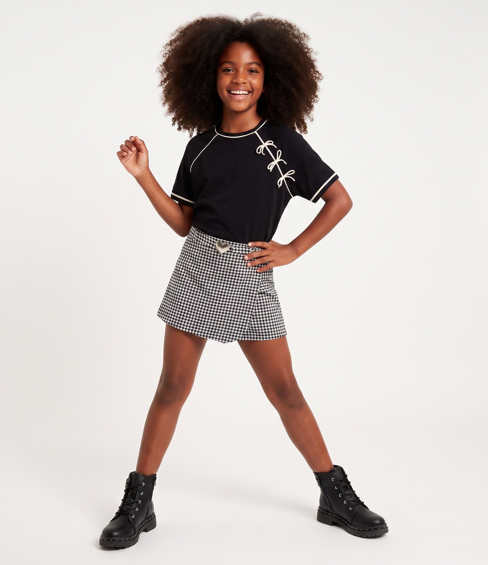 Short Saia Infantil em Jacquard Pied Poule Transpassado - Tam 5 a 16 Anos Preto 1