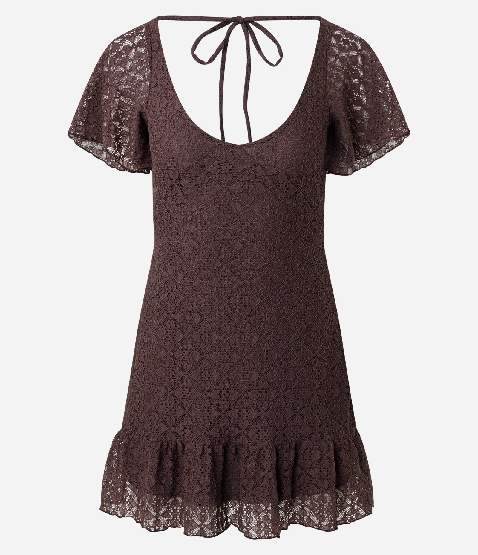 Vestido Curto em Renda Vazada com Decote nas Costas Marrom 4