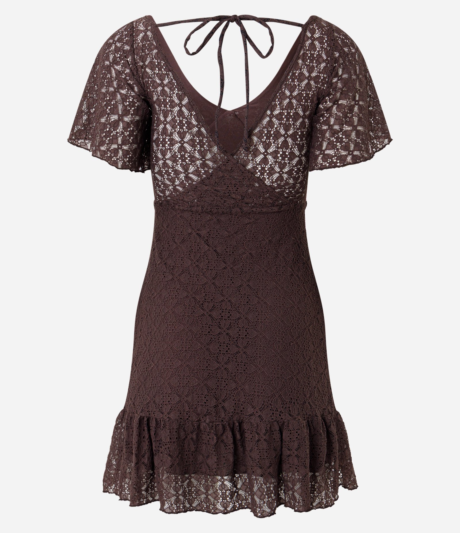 Vestido Curto em Renda Vazada com Decote nas Costas Marrom 5