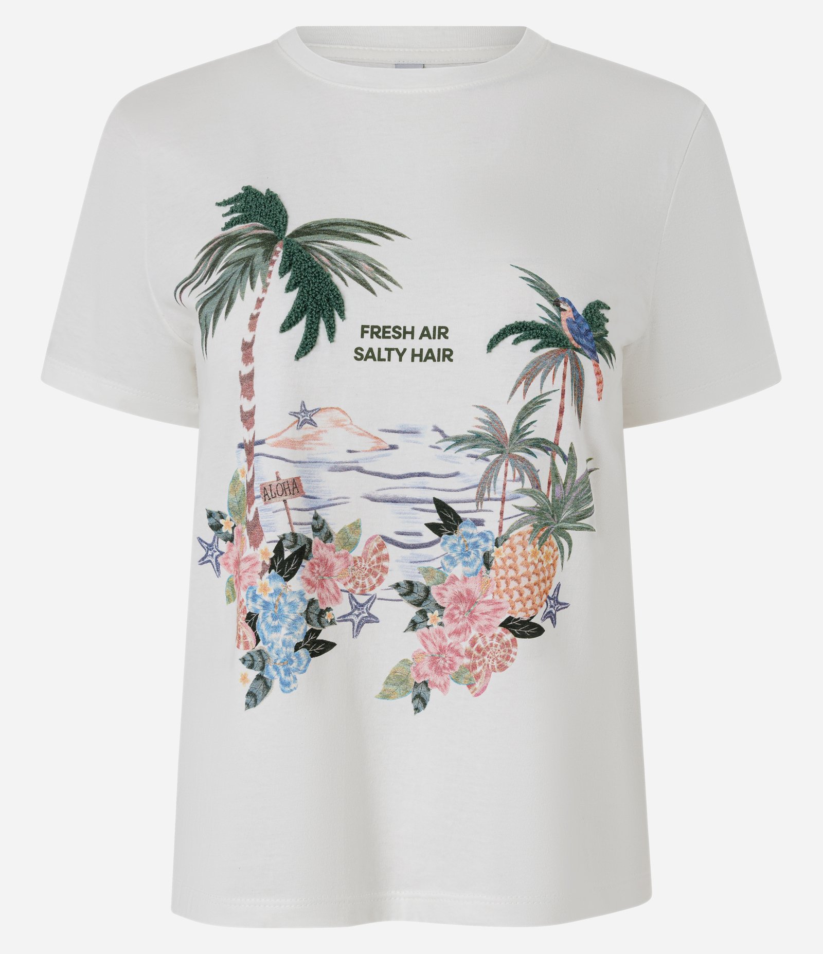 Camiseta New T-shirt em Algodão com Estampa Tropical Flocada Branco 5