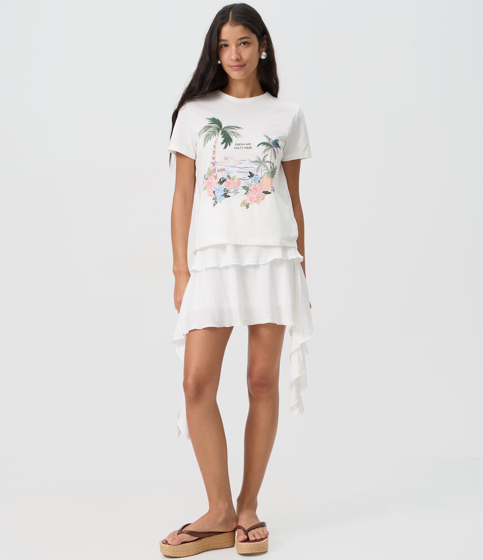 Camiseta New T-shirt em Algodão com Estampa Tropical Flocada Branco 2
