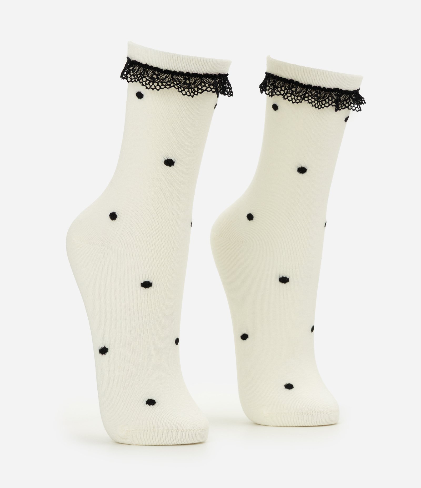 Meia Cano Médio com Estampa Poá e Aplicação de Renda Off White 2