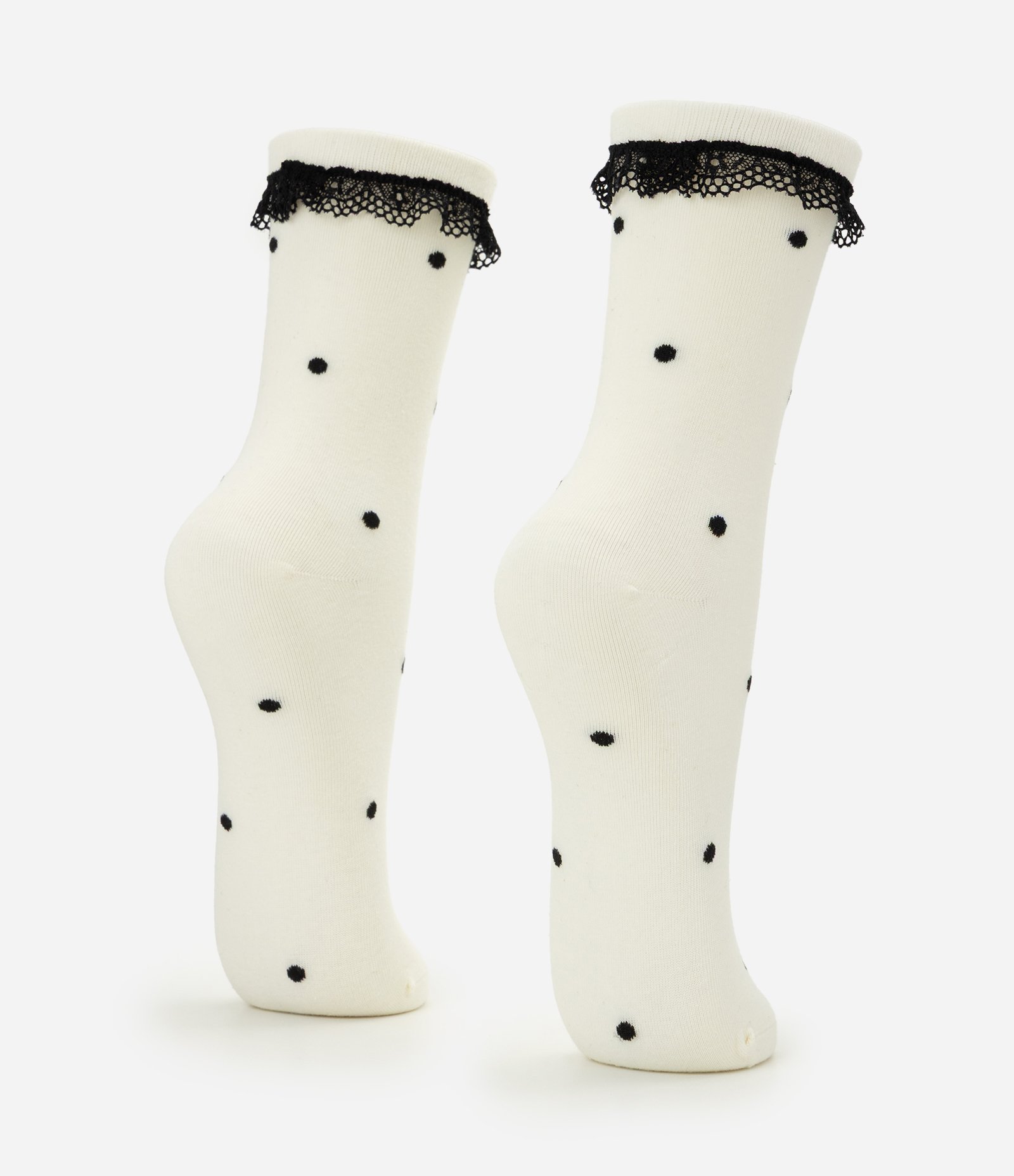Meia Cano Médio com Estampa Poá e Aplicação de Renda Off White 3