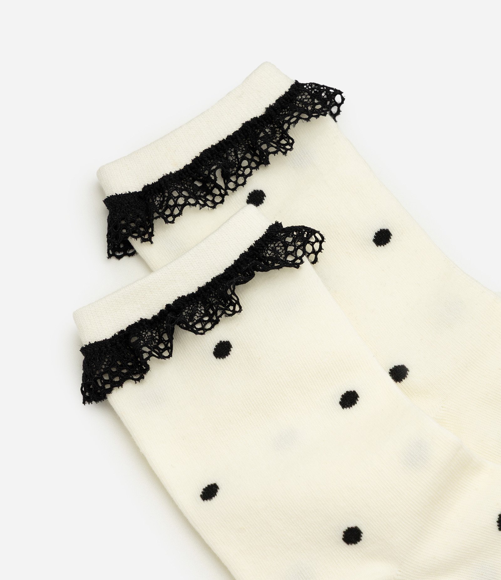 Meia Cano Médio com Estampa Poá e Aplicação de Renda Off White 4