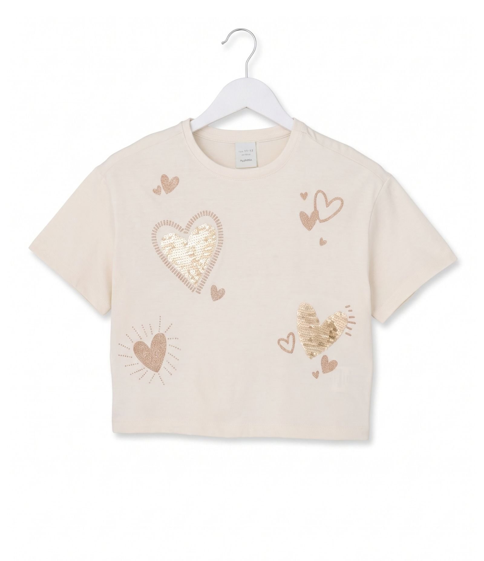 Camiseta Infantil em Algodão com Paetê de Corações - Tam 5 a 16 Anos Bege 6