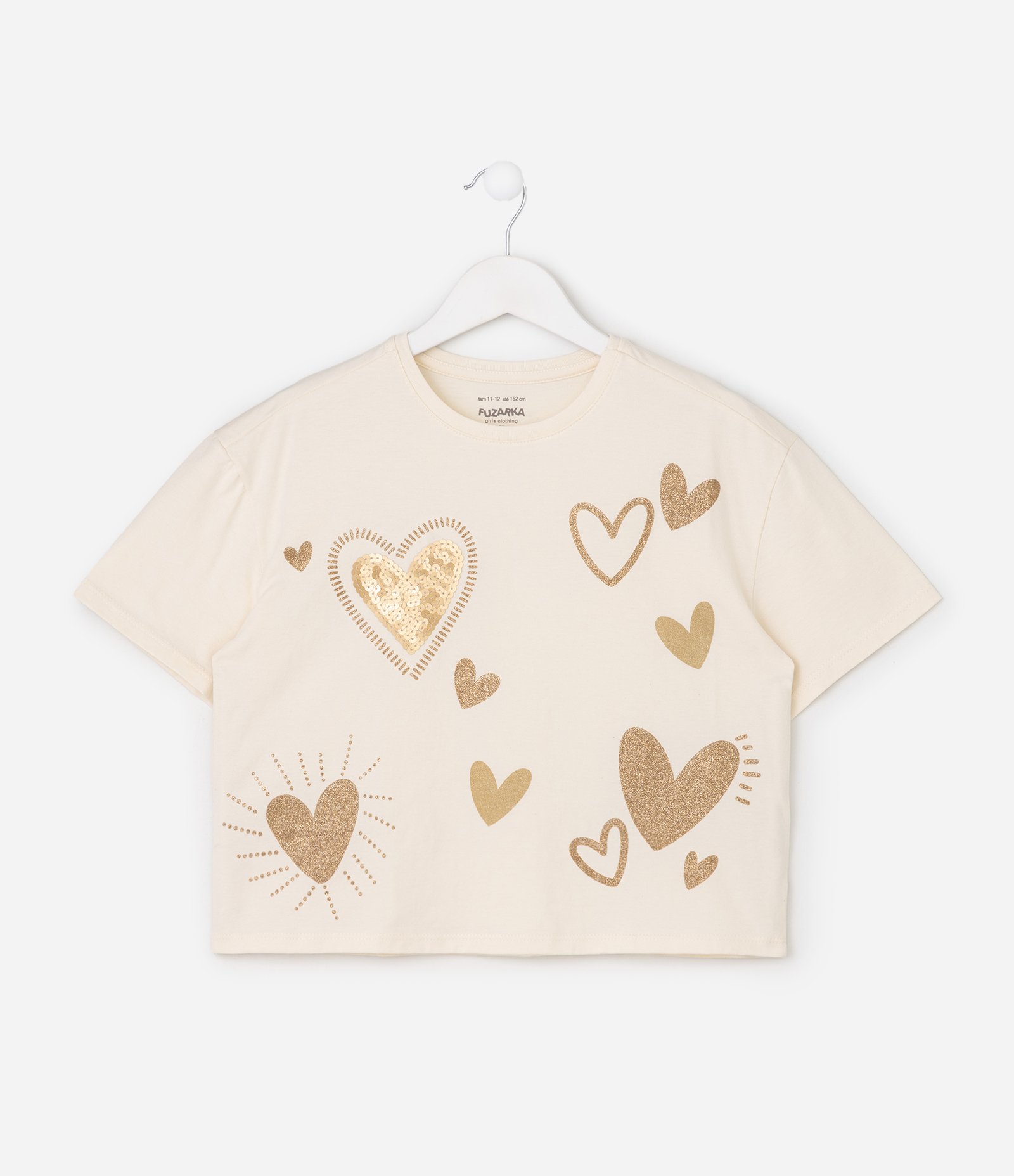 Camiseta Infantil em Algodão com Paetê de Corações - Tam 5 a 16 Anos Bege 2
