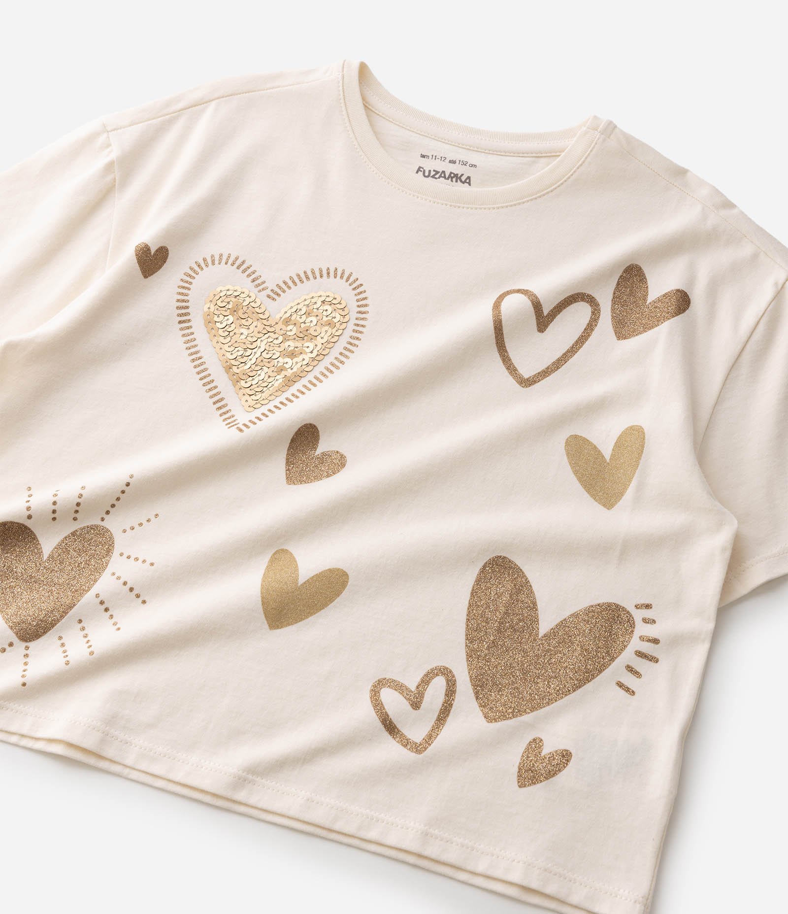 Camiseta Infantil em Algodão com Paetê de Corações - Tam 5 a 16 Anos Bege 5