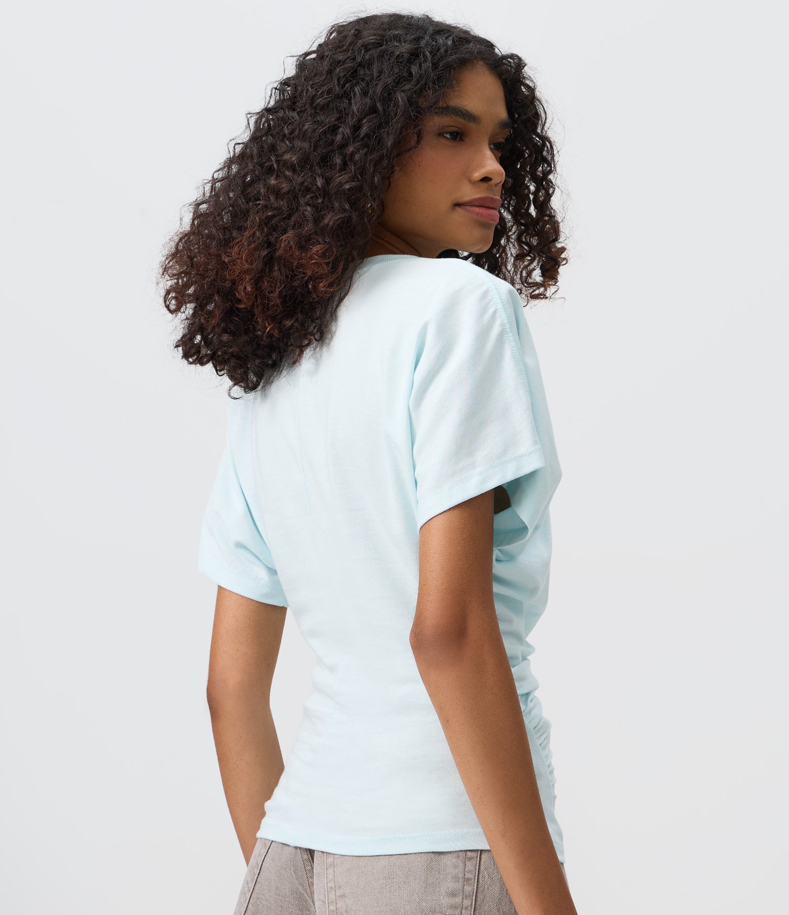 Blusa Baby Look em Meia Malha com Drapeado Lateral Azul 4
