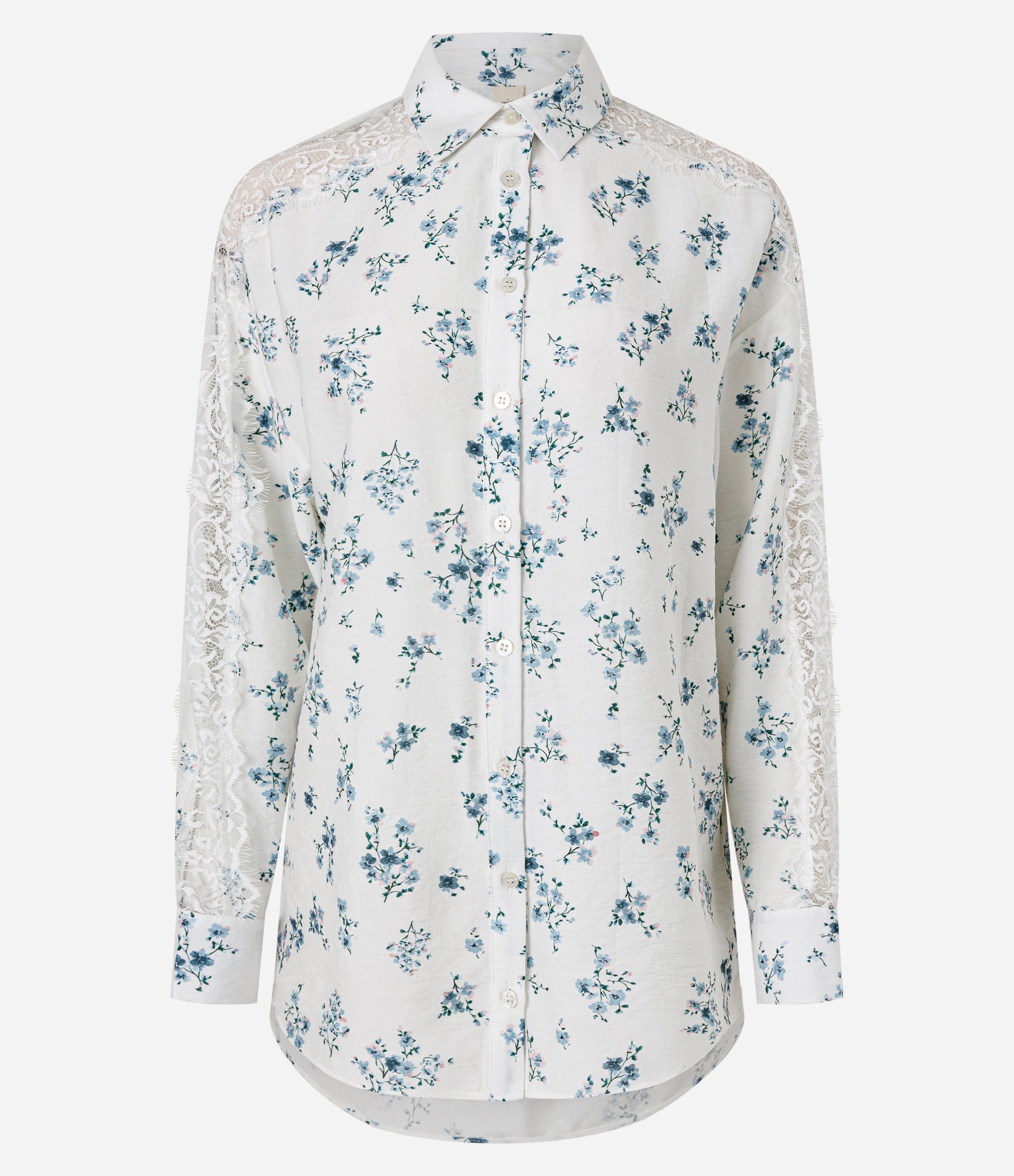 Camisa Floral em Viscose com Renda nas Mangas Branco 5