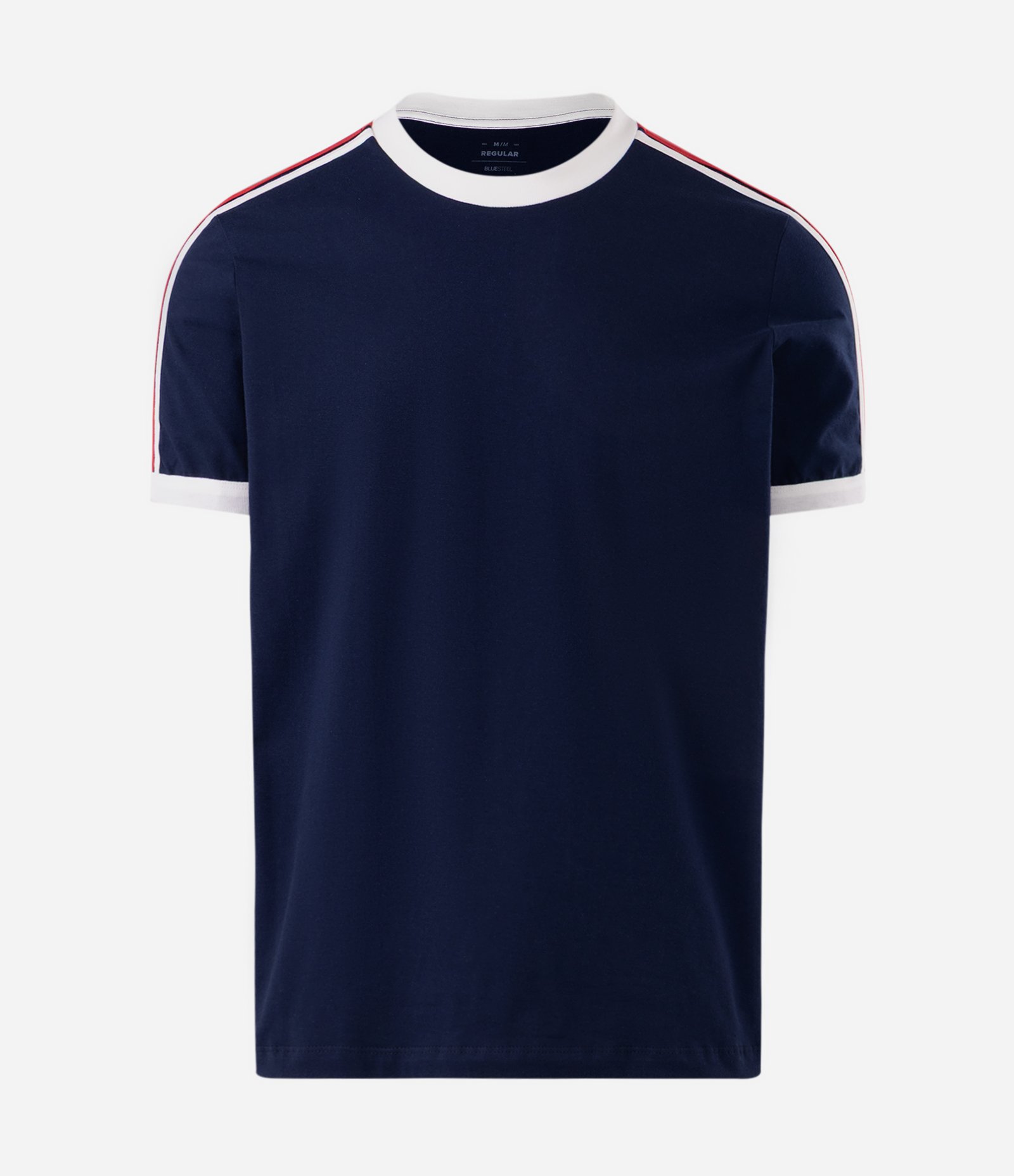 Camiseta Regular em Algodão com Listras nos Ombros Azul 5