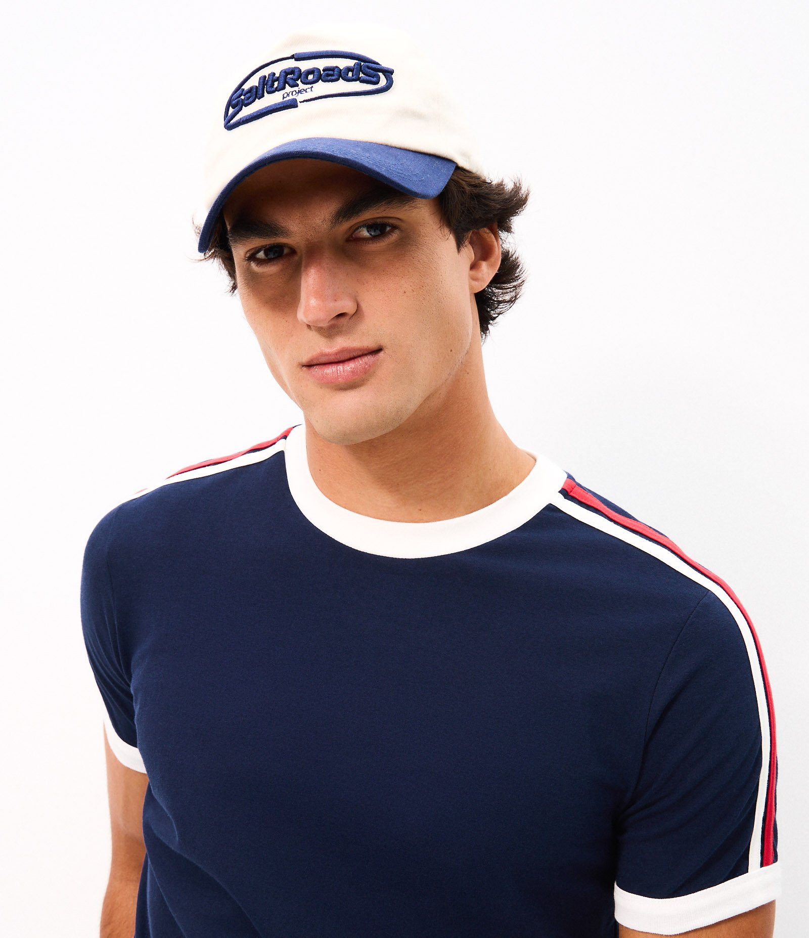 Camiseta Regular em Algodão com Listras nos Ombros Azul 1