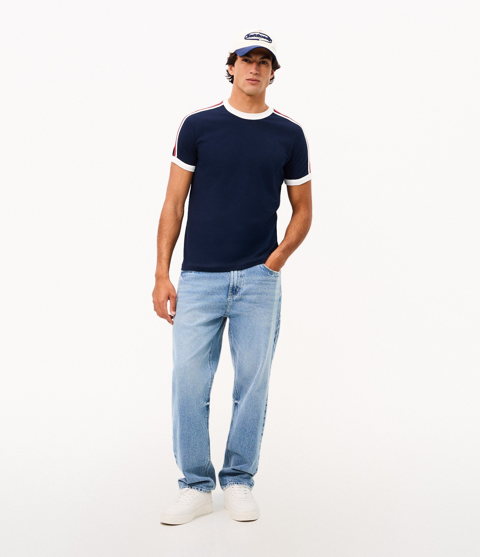Camiseta Regular em Algodão com Listras nos Ombros Azul 2