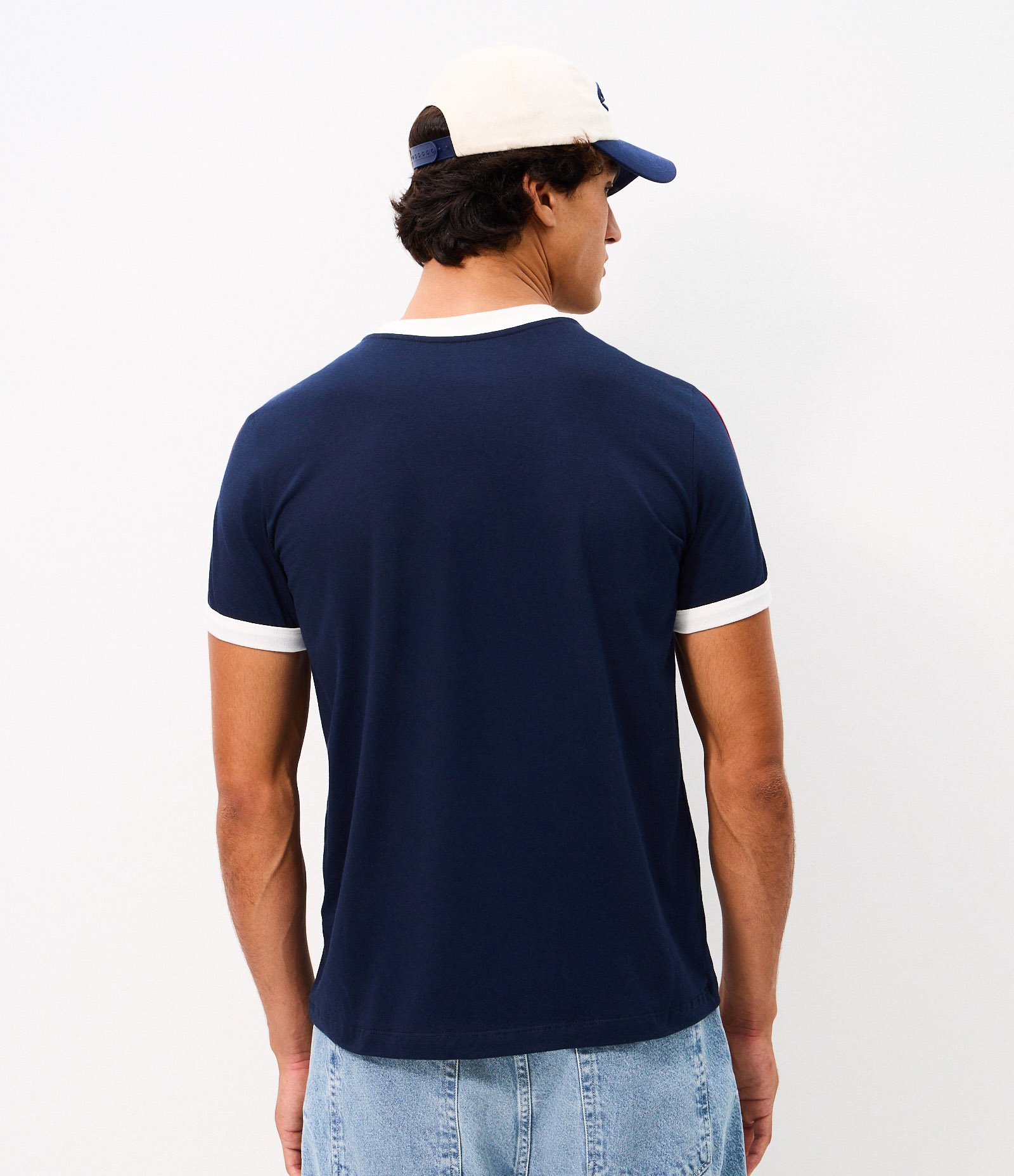 Camiseta Regular em Algodão com Listras nos Ombros Azul 3