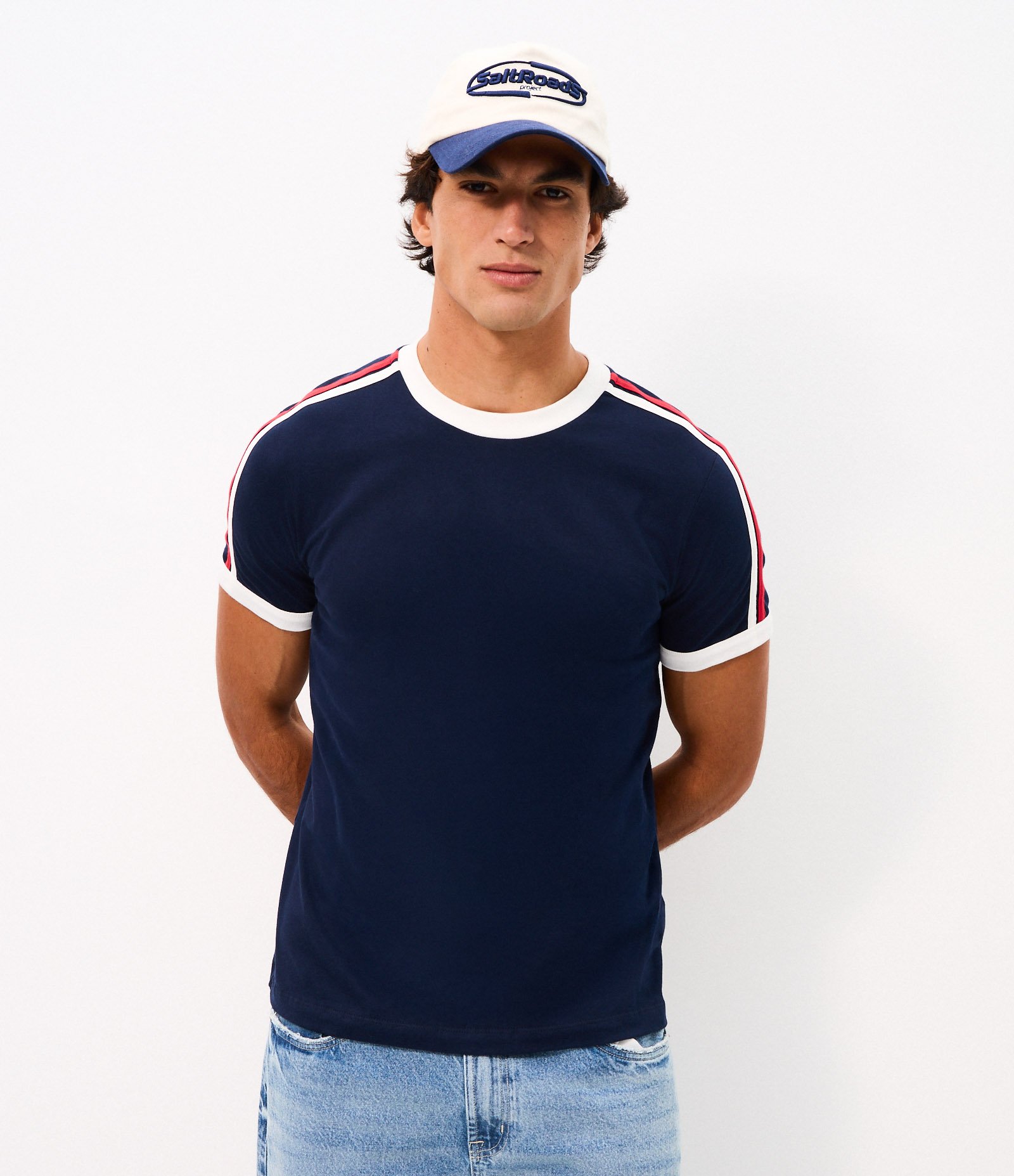 Camiseta Regular em Algodão com Listras nos Ombros Azul 4