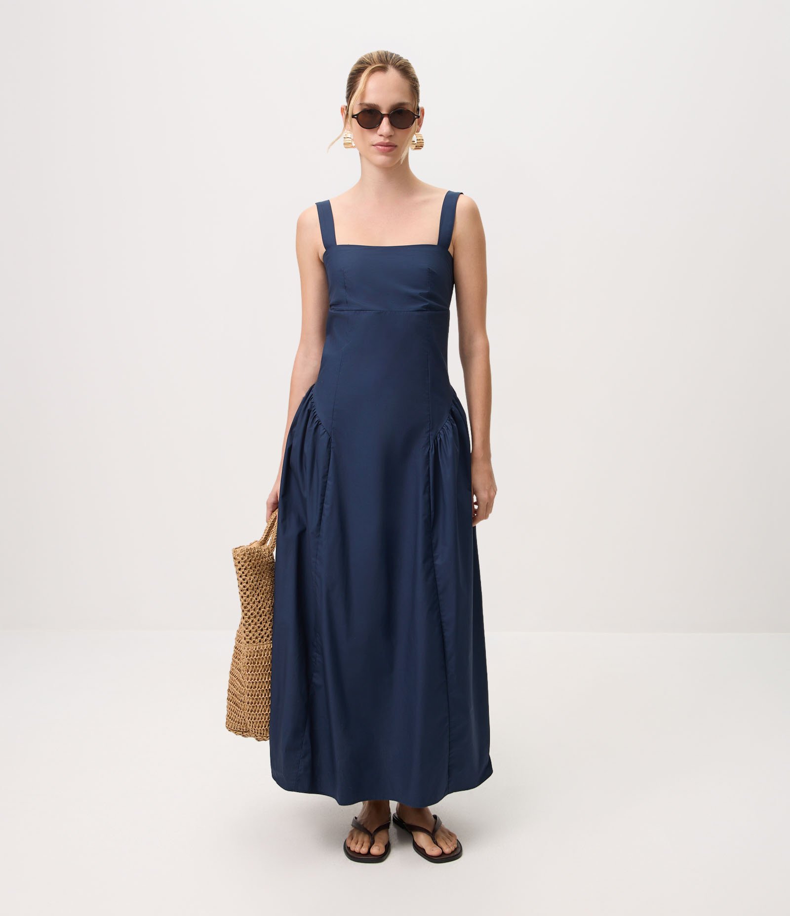 Vestido Midi em Tricoline com Decote Quadrado Azul 2