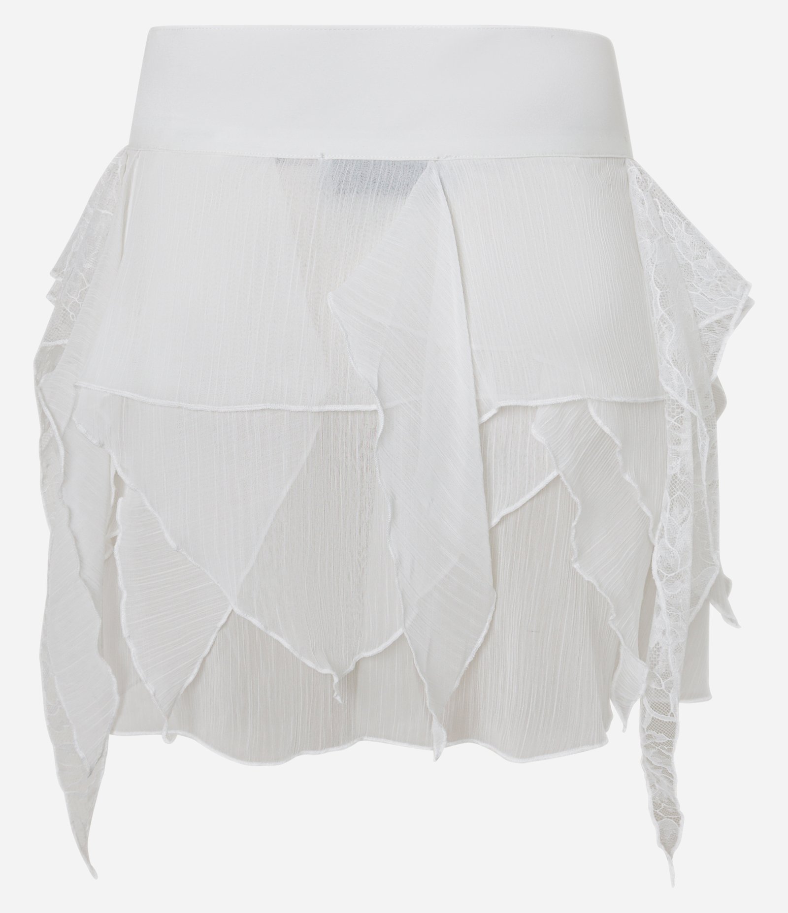 Saia Evasê Assimétrica com Cinto com Ilhós e Detalhes em Renda Branco 4