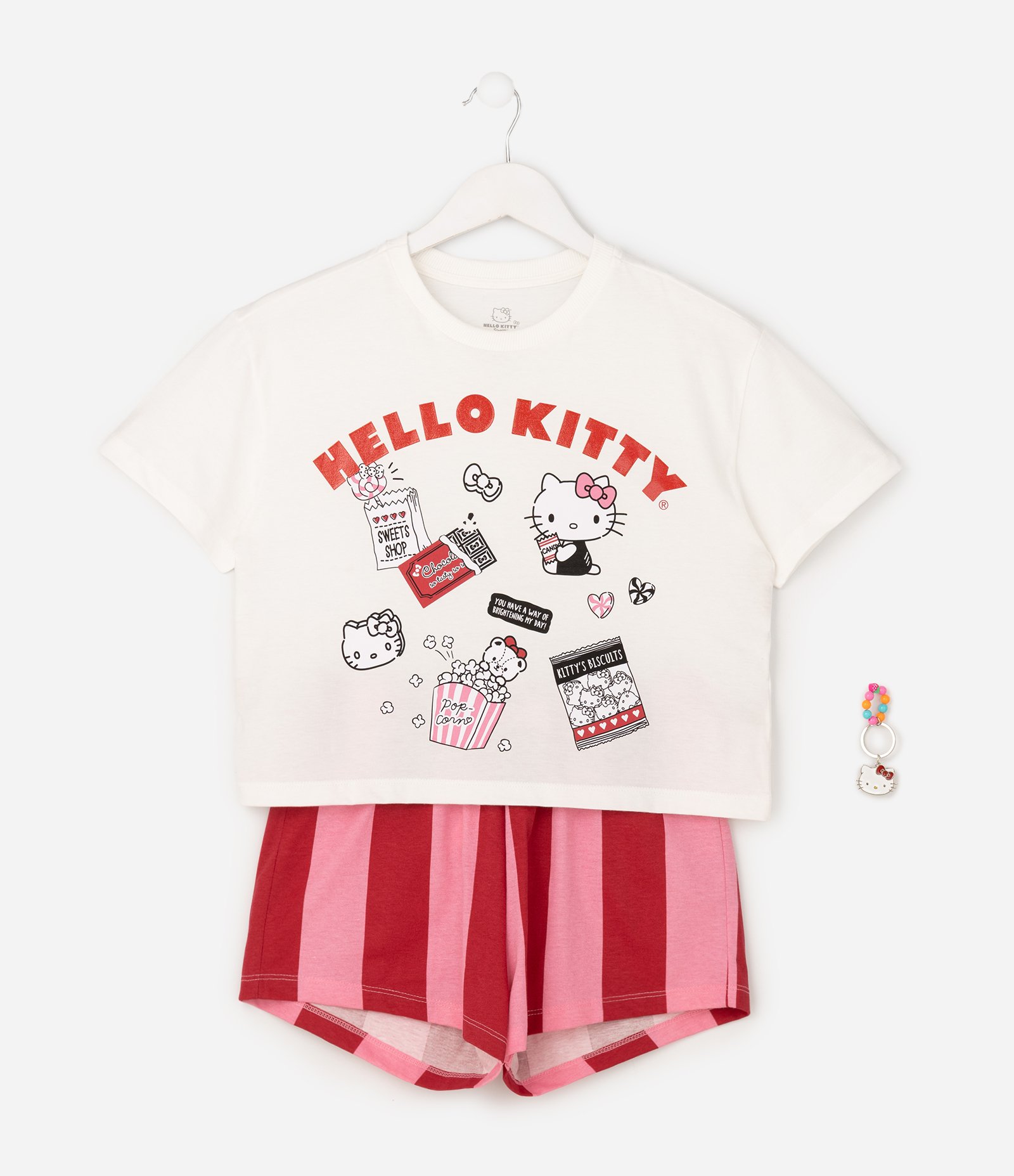 Pijama Infantil Hello Kitty Blusa Manga Curta e Short com Chaveiro - Tam 5 a 14 Anos Branco 7