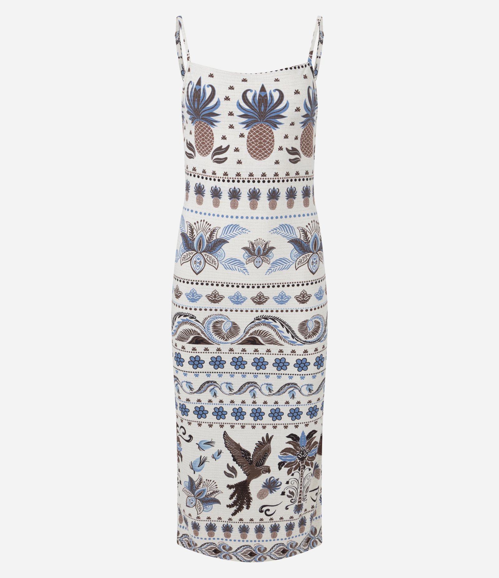 Vestido Midi Alcinha em Ribana com Estampa Tropical com Abacaxis Branco 5