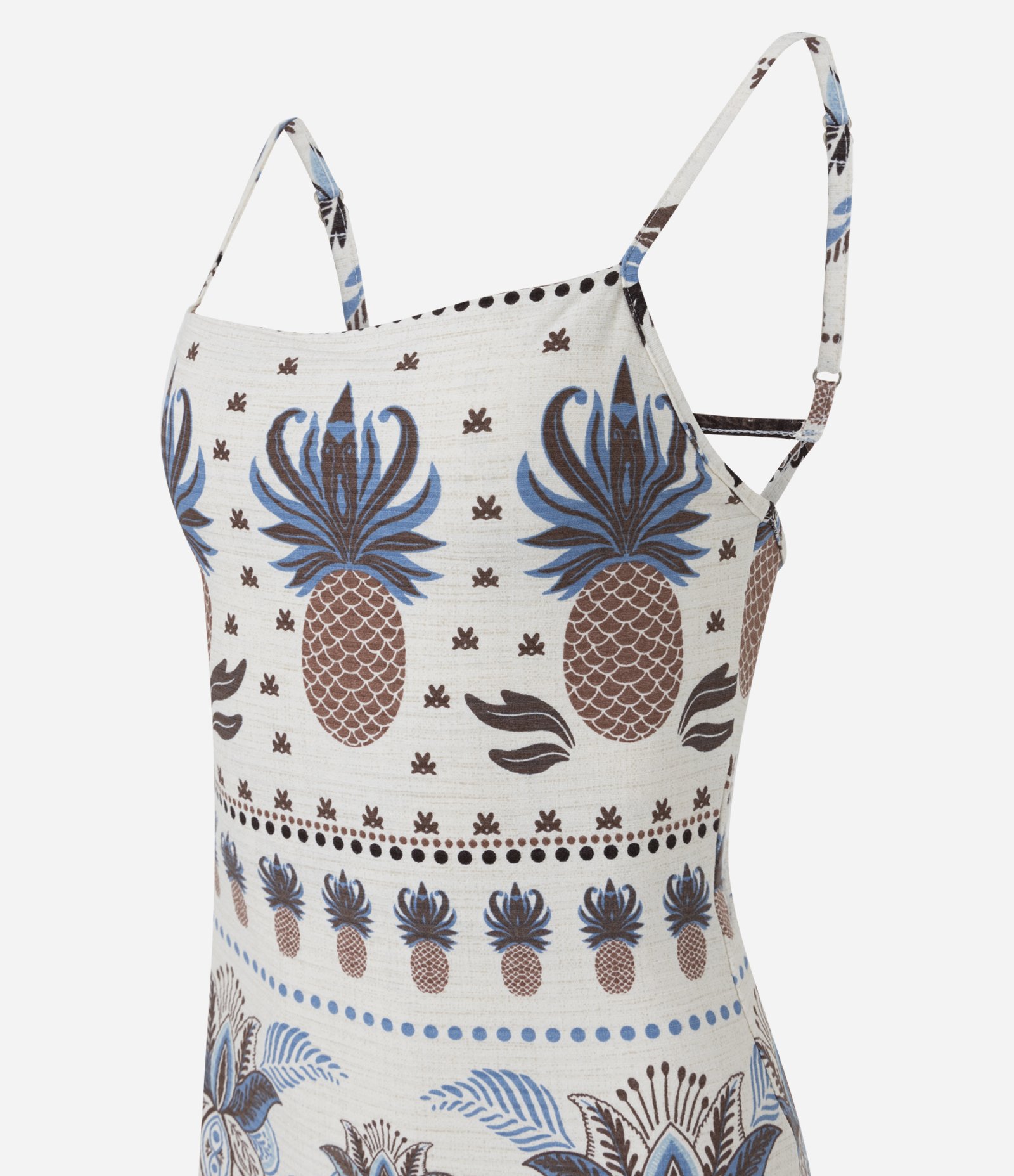 Vestido Midi Alcinha em Ribana com Estampa Tropical com Abacaxis Branco 6