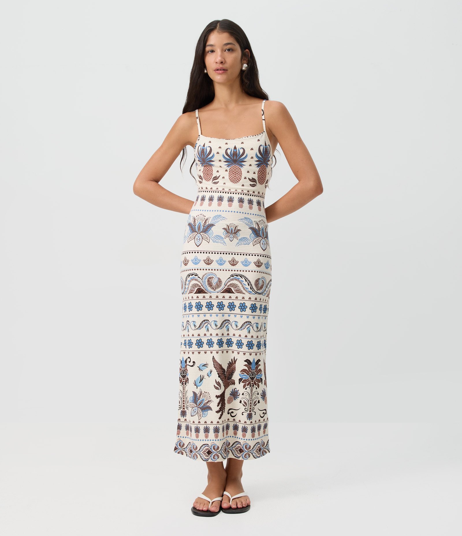 Vestido Midi Alcinha em Ribana com Estampa Tropical com Abacaxis Branco 1