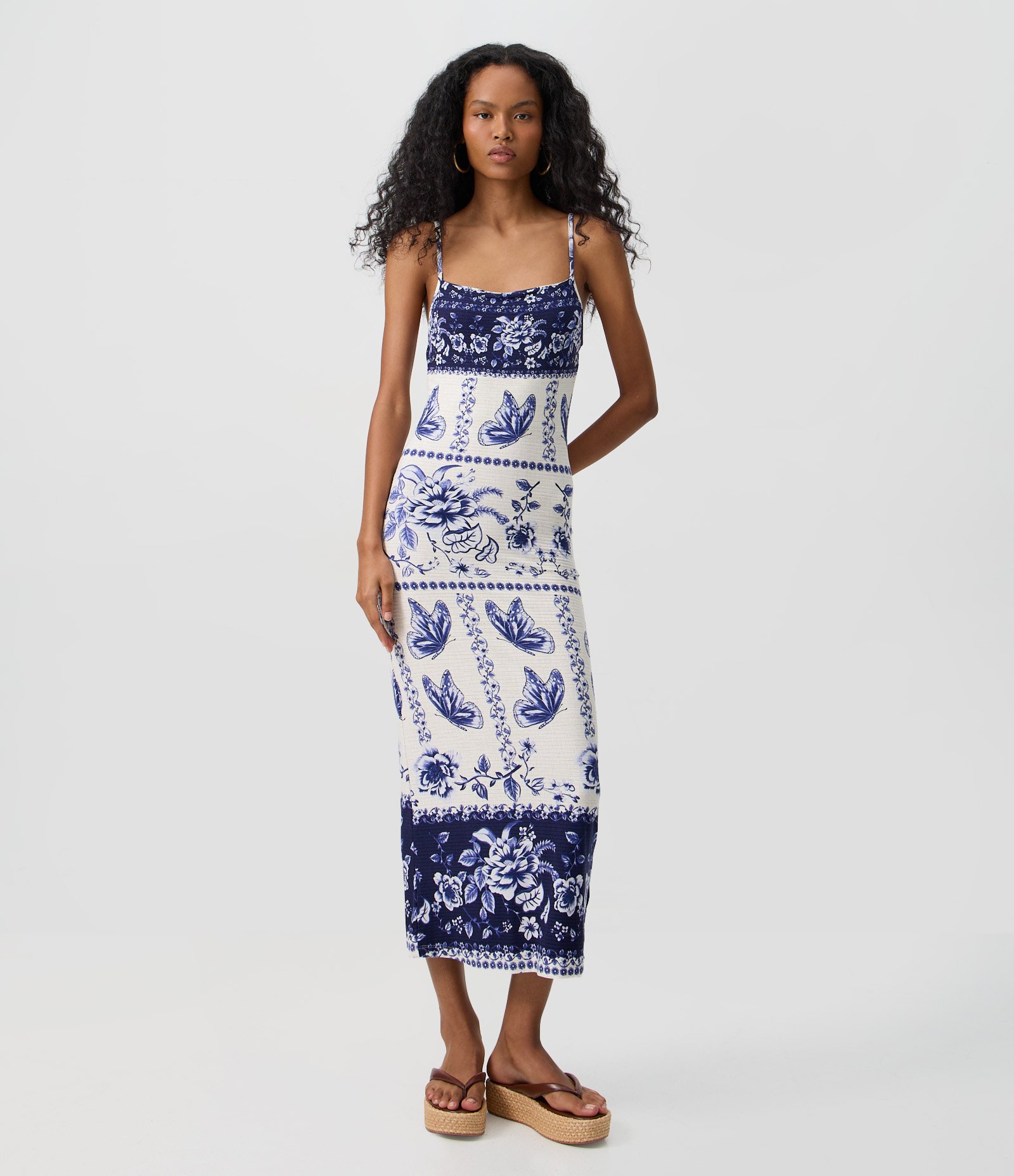 Vestido Longo em Ribana com Estampa Floral e Borboletas Branco 1