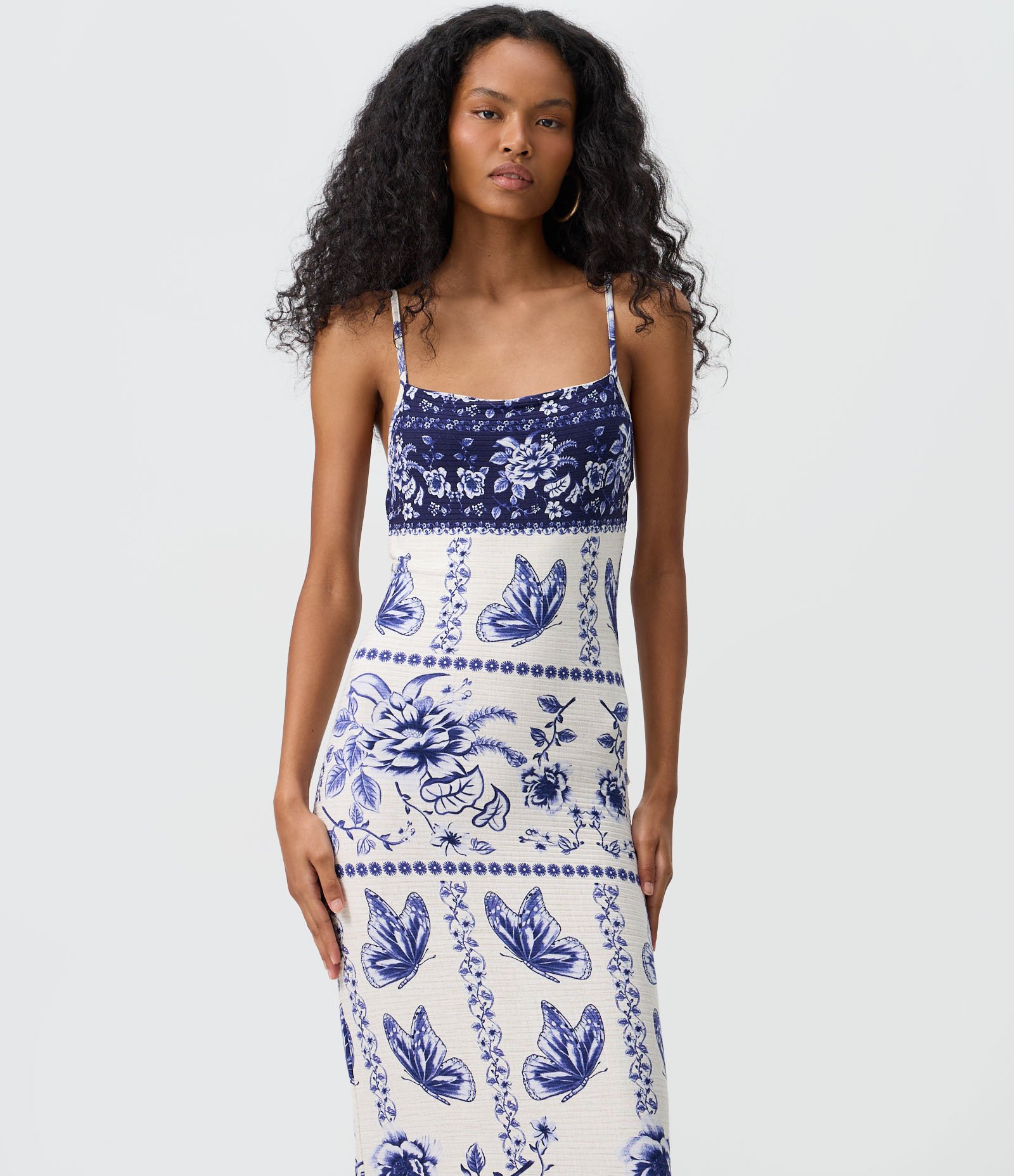 Vestido Longo em Ribana com Estampa Floral e Borboletas Branco 2