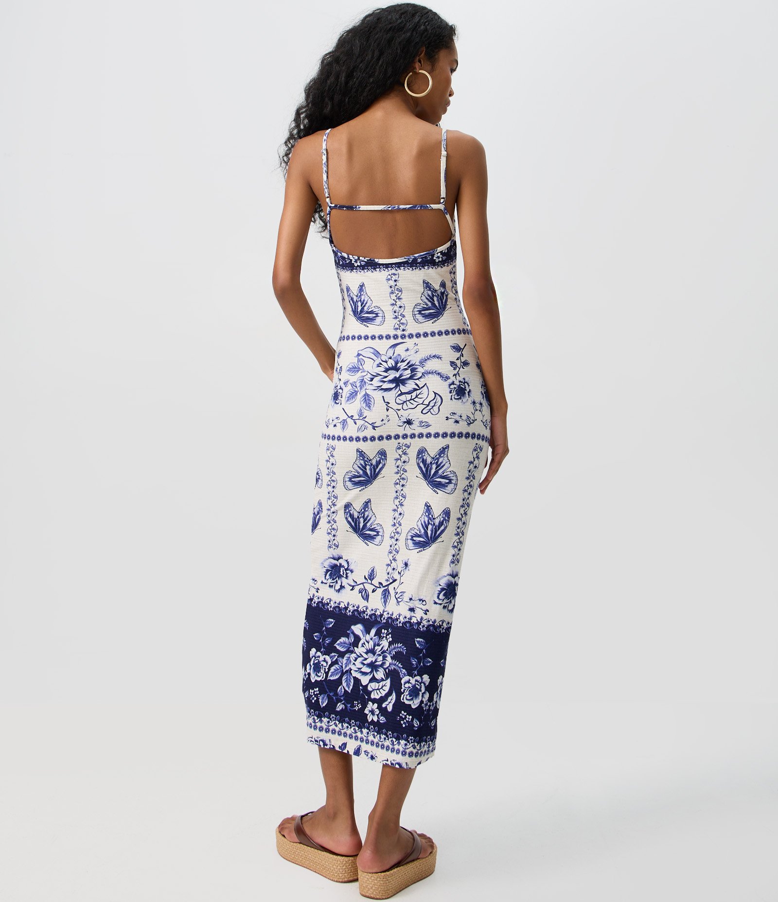 Vestido Longo em Ribana com Estampa Floral e Borboletas Branco 4