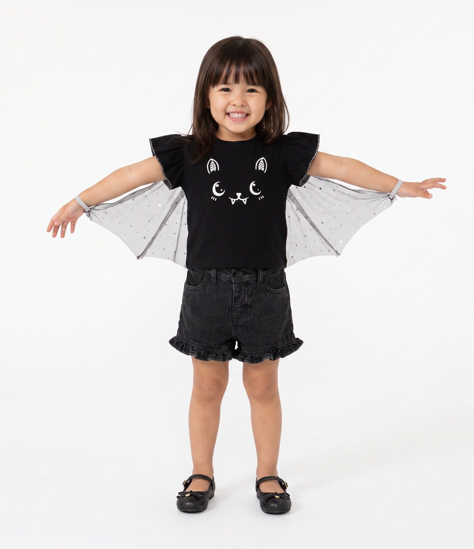 Camiseta Infantil Em Algodão Gatinho Vampiro Halloween - Tam 1 a 6 Anos Preto 1