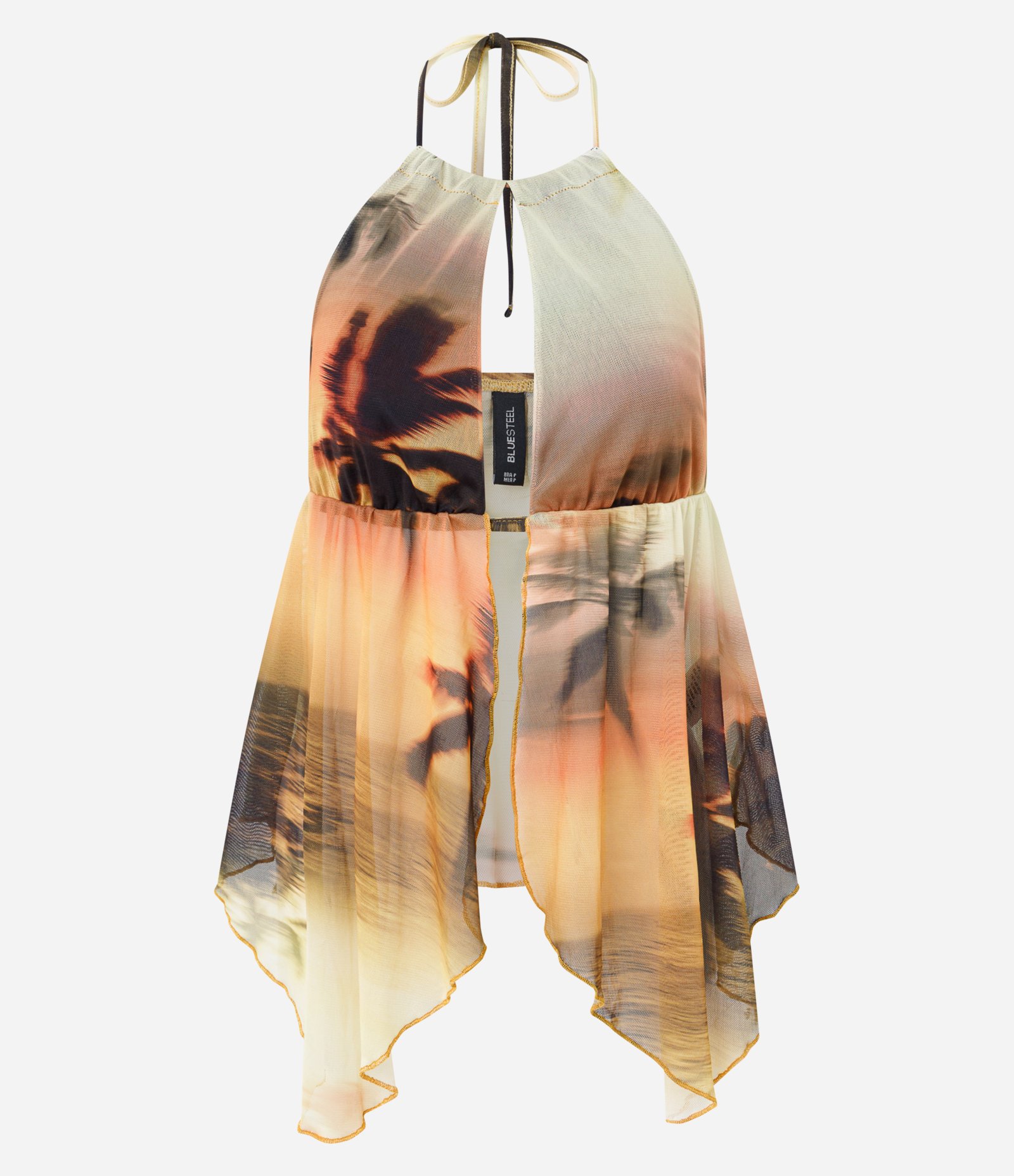 Blusa Assimétrica em Tule com Estampa Paisagem e Recortes Vazados Amarelo 5