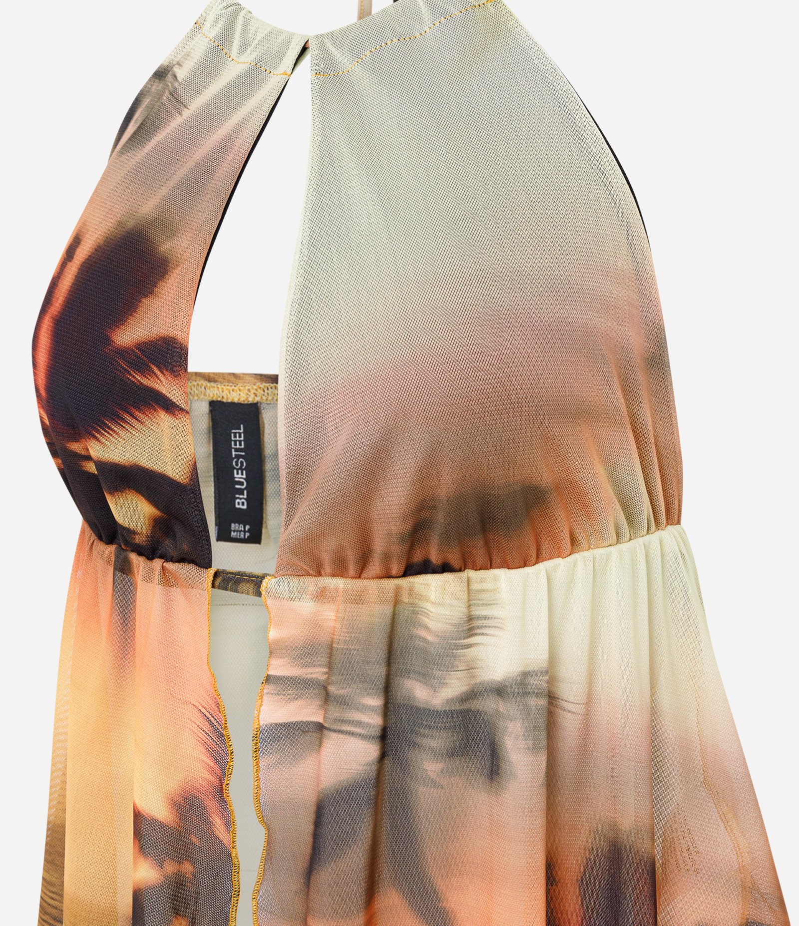 Blusa Assimétrica em Tule com Estampa Paisagem e Recortes Vazados Amarelo 6