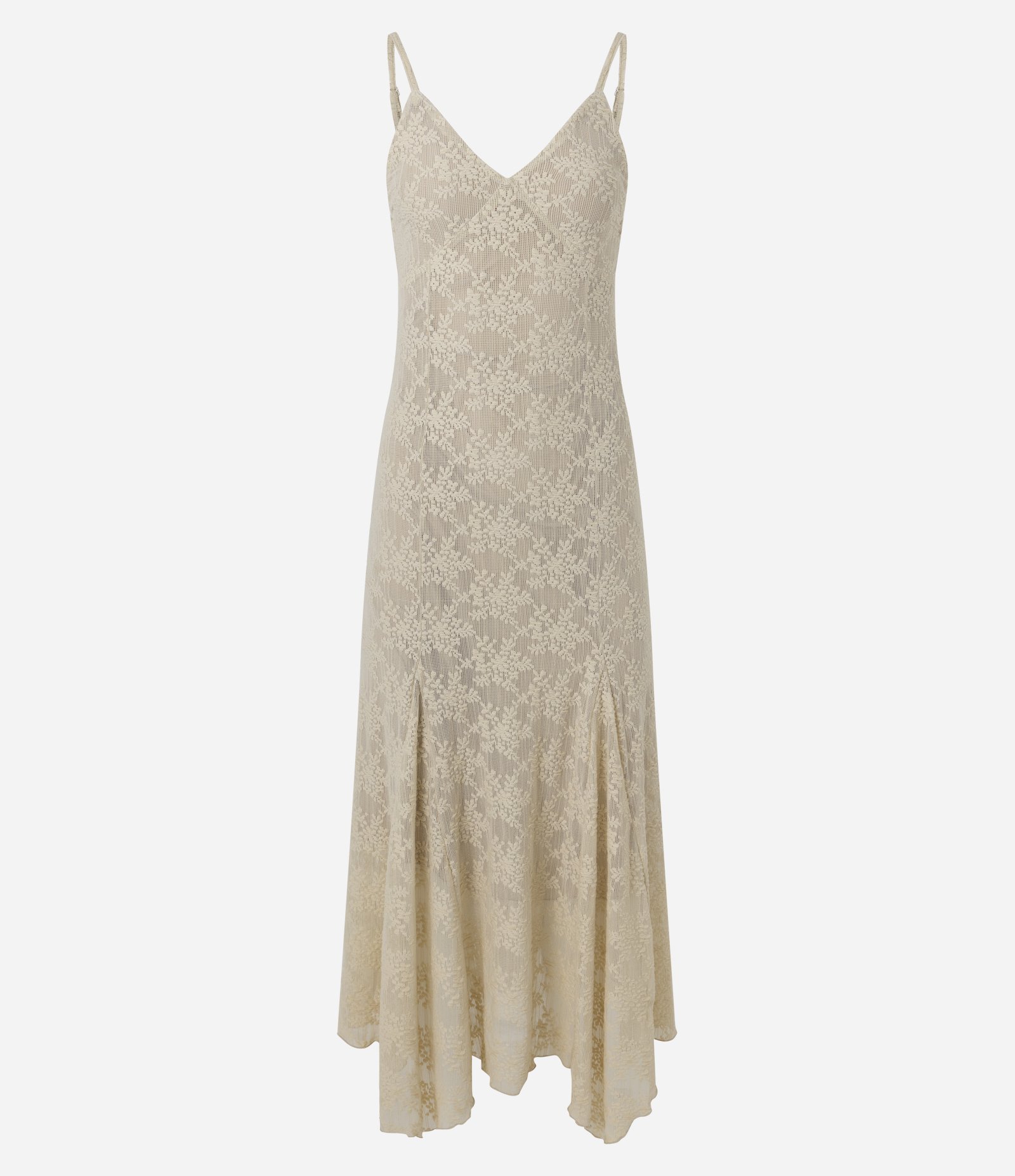 Vestido Midi em Renda com Alças Finas e Barra Assimétrica Bege 1