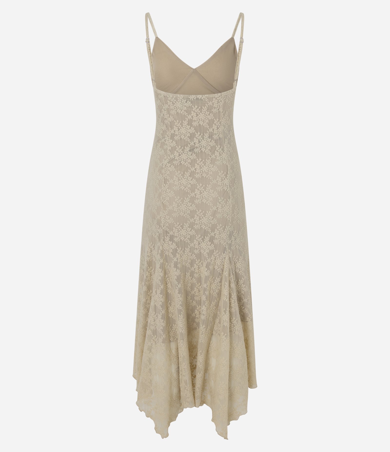 Vestido Midi em Renda com Alças Finas e Barra Assimétrica Bege 3
