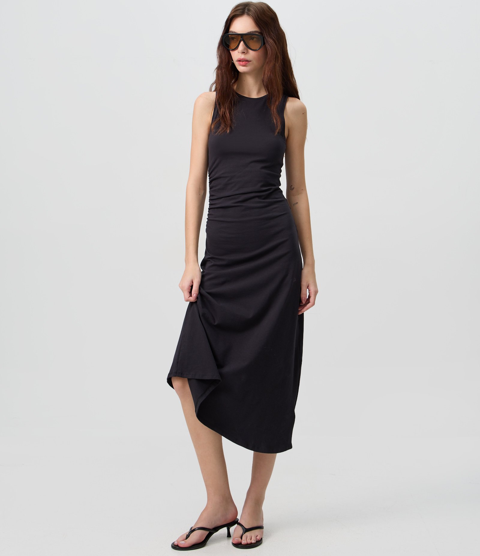 Vestido Regata Midi em Algodão com Drapeado Lateral Preto 1