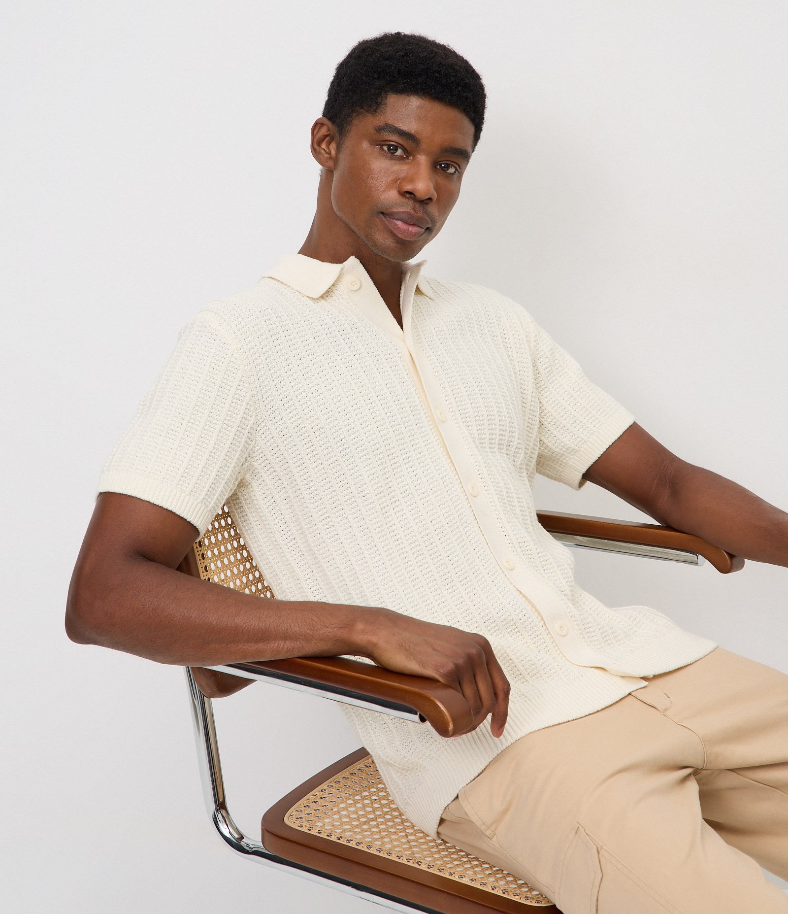 Camisa Polo em Tricô Texturizado com Botões Off White 1