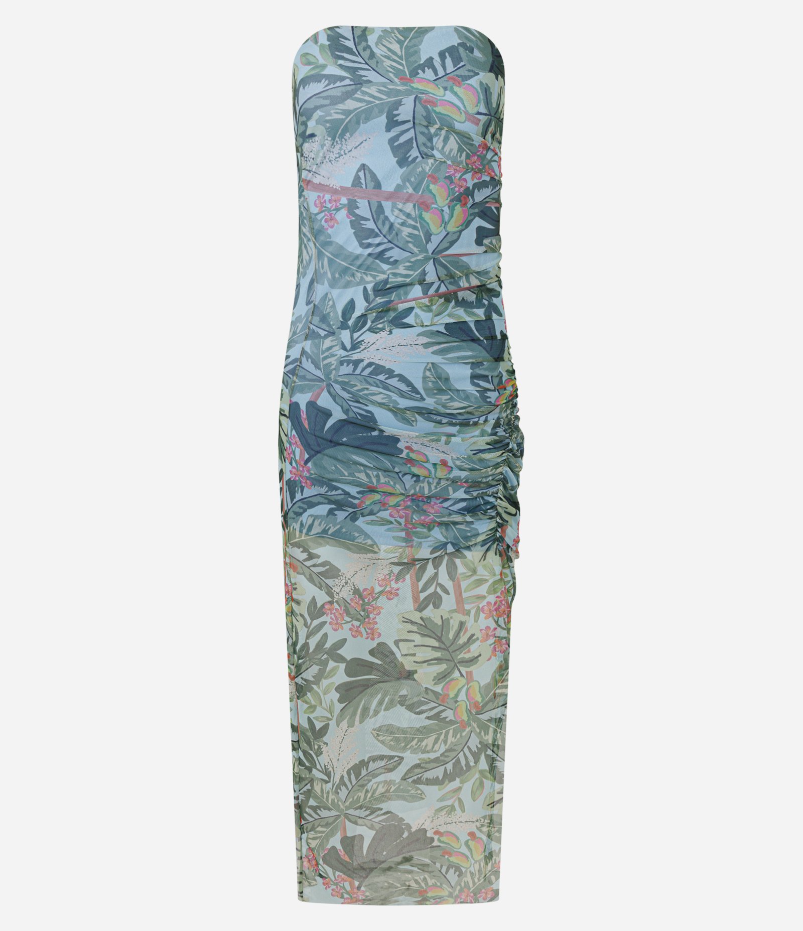 Vestido Tomara que Caia Midi em Tule Estampado com Drapeados Laterais Azul 1