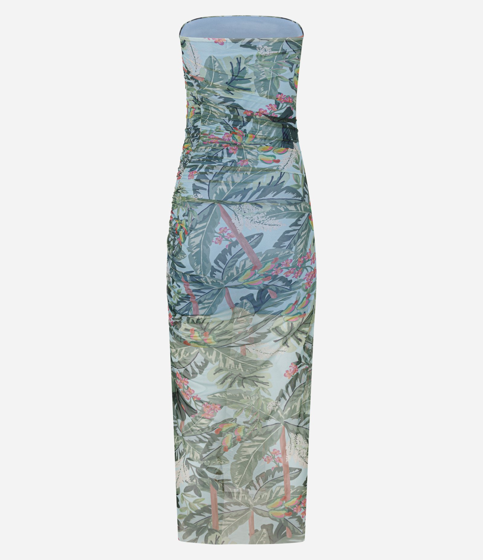 Vestido Tomara que Caia Midi em Tule Estampado com Drapeados Laterais Azul 2
