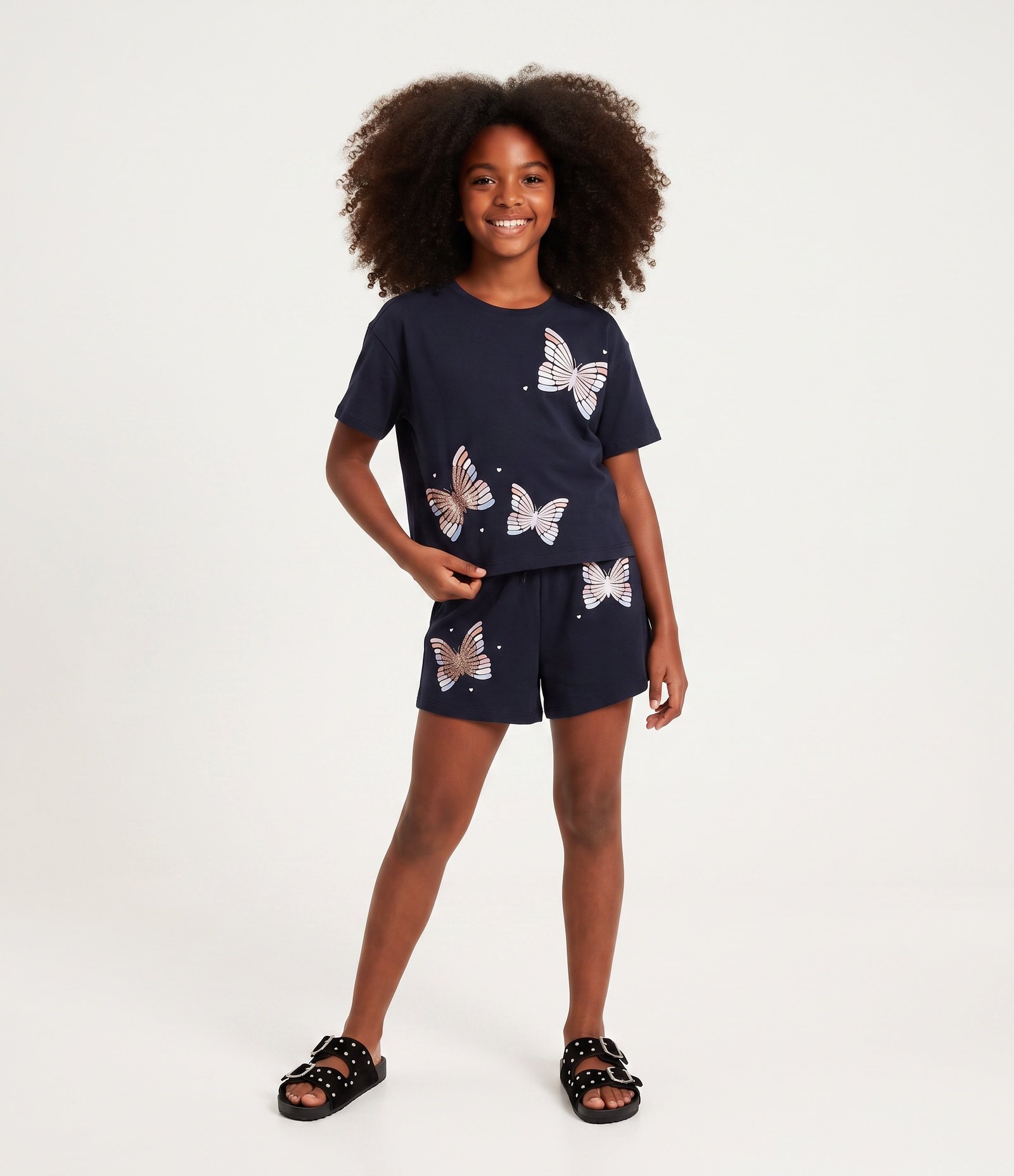 Short Infantil Em Algodão Paetê Borboletas Coração - Tam 5 a 16 anos Azul 1