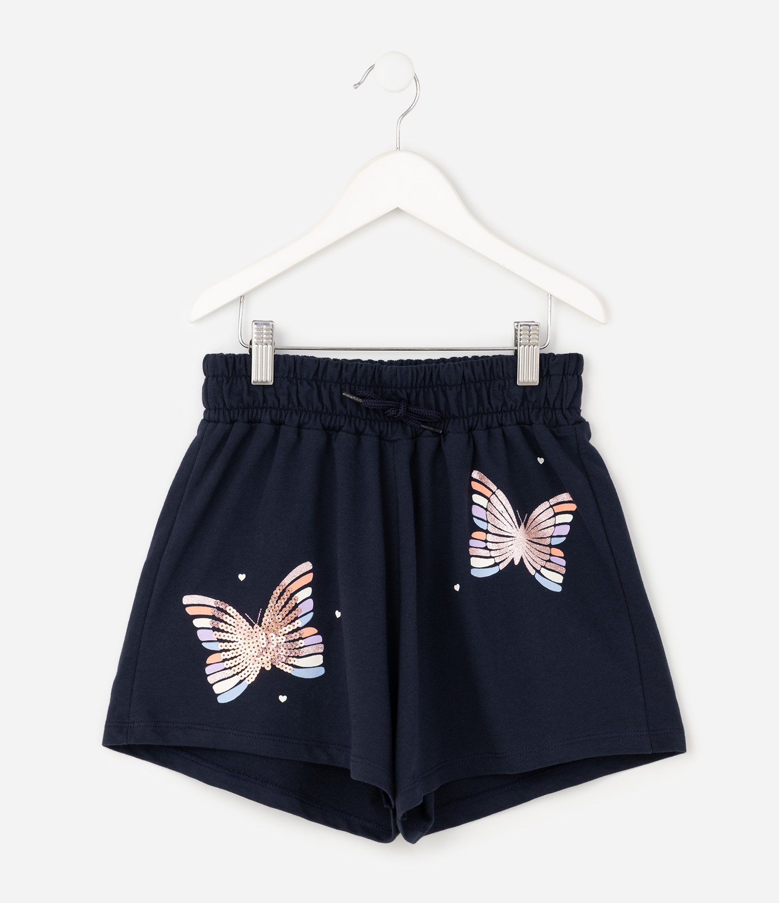 Short Infantil Em Algodão Paetê Borboletas Coração - Tam 5 a 16 anos Azul 2