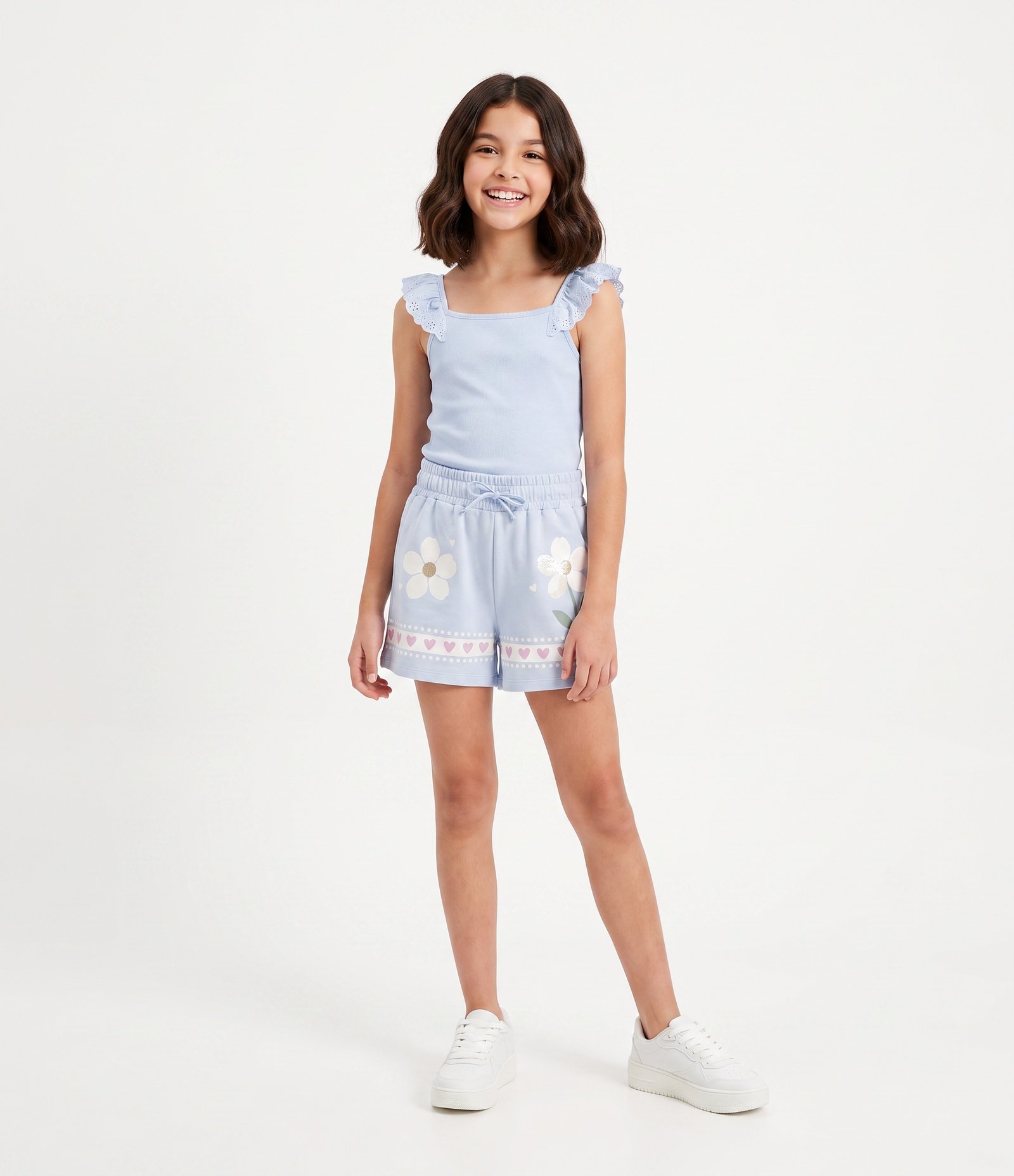 Short Infantil Em Algodão Paetê Flores Coração - Tam 5 a 16 Anos Azul 1