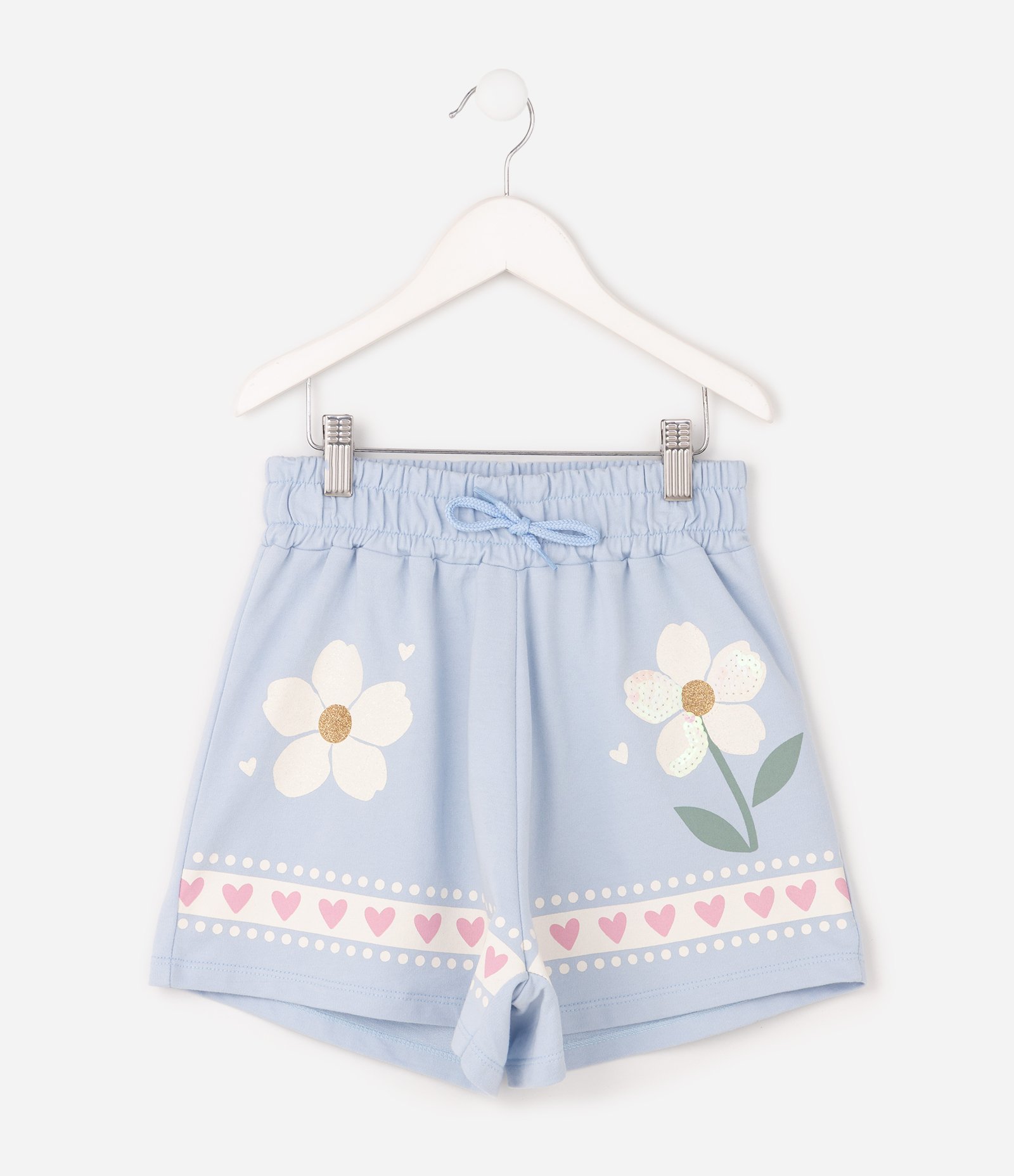Short Infantil Em Algodão Paetê Flores Coração - Tam 5 a 16 Anos Azul 2