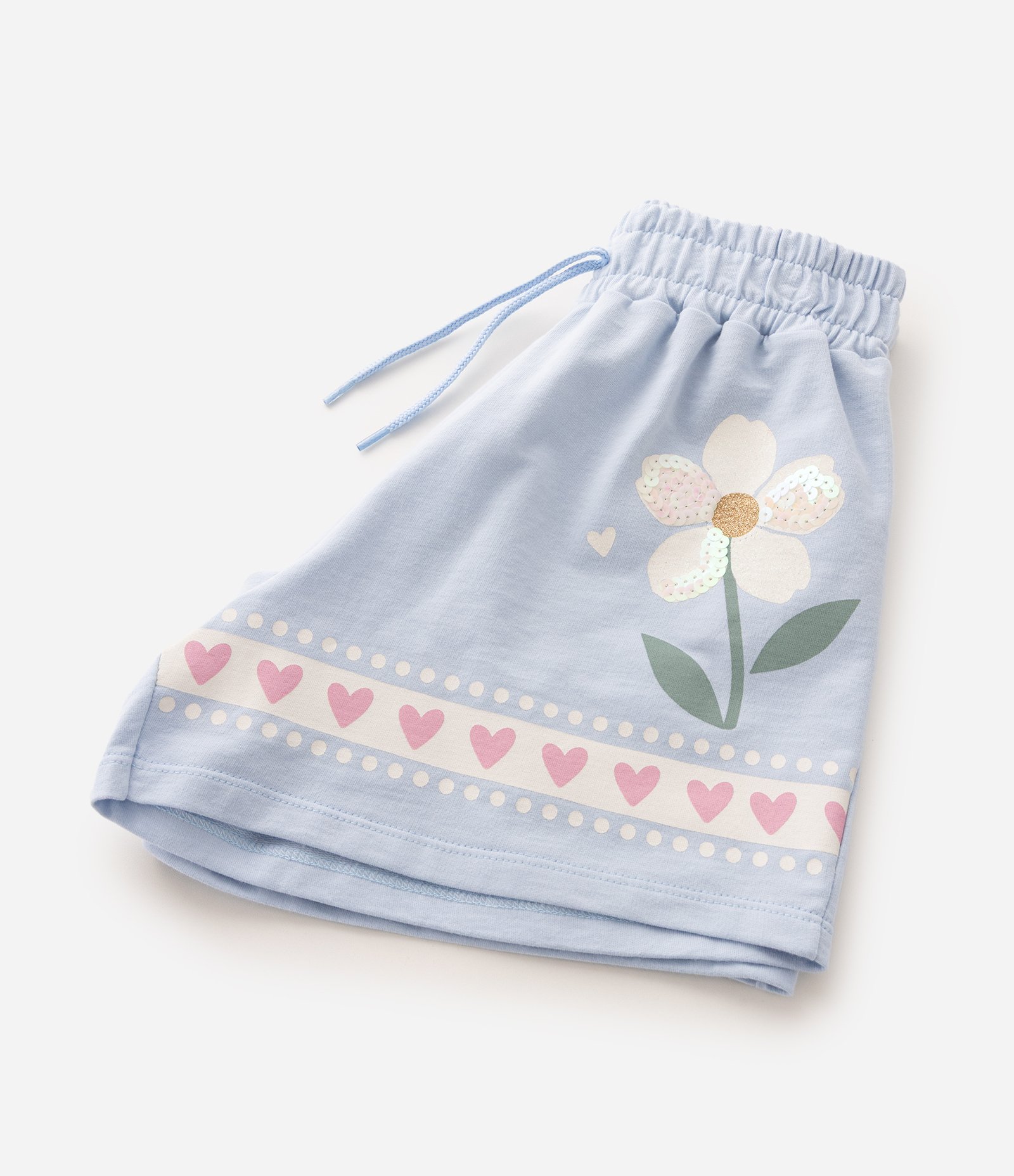 Short Infantil Em Algodão Paetê Flores Coração - Tam 5 a 16 Anos Azul 5