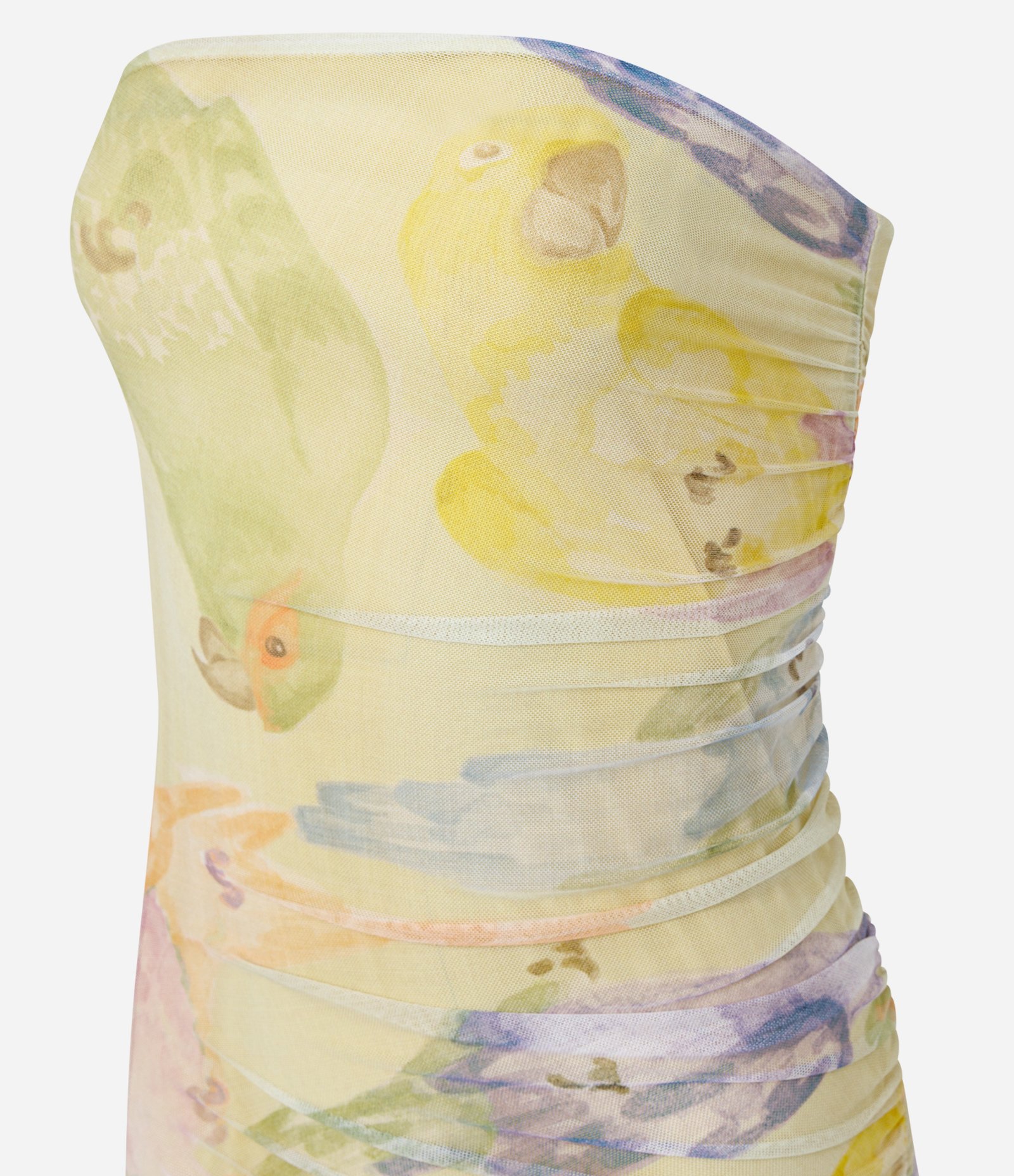 Vestido Midi em Tule com Estampa Araras Abstrata e Efeito Drapeado Amarelo 2