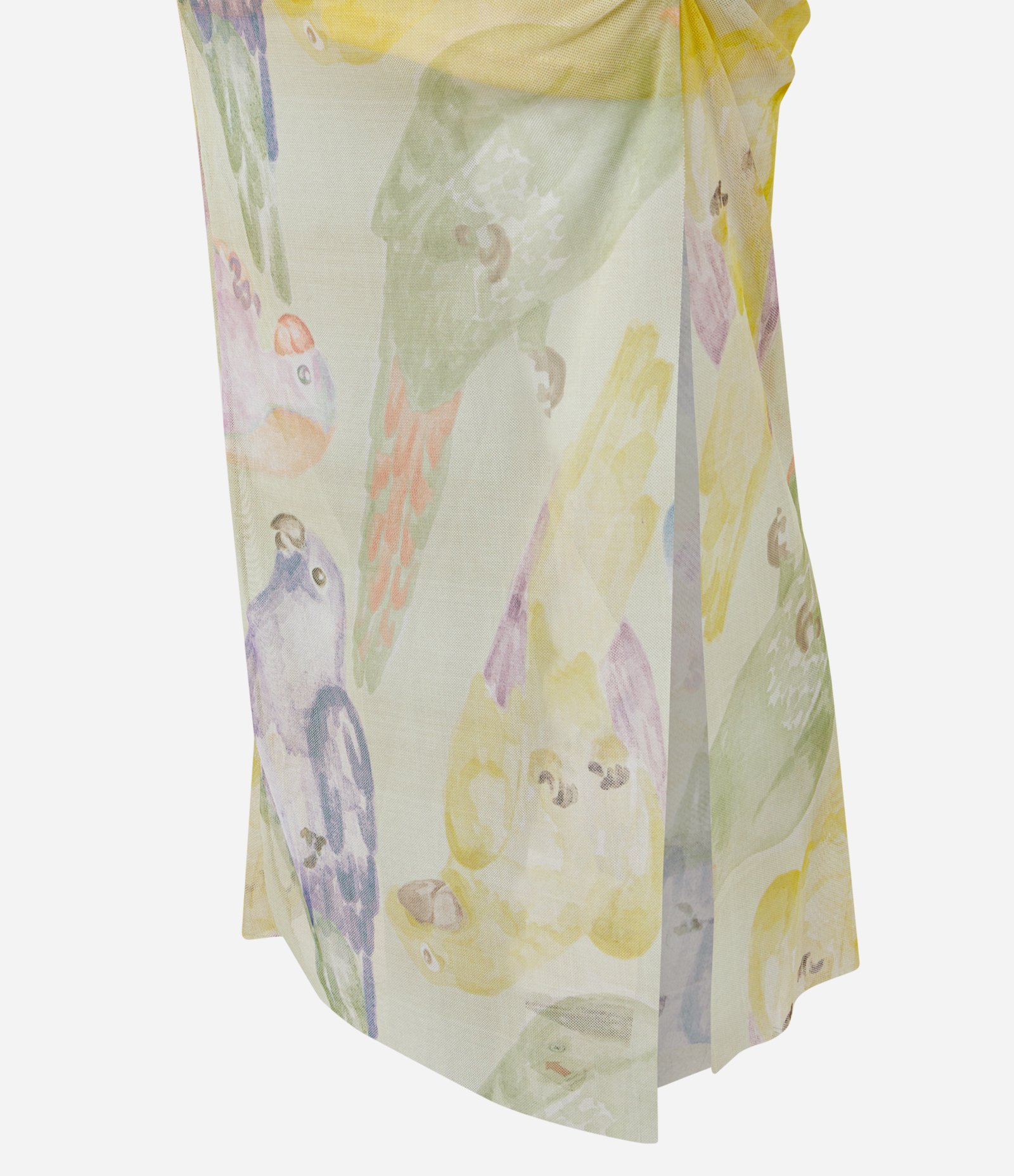 Vestido Midi em Tule com Estampa Araras Abstrata e Efeito Drapeado Amarelo 3
